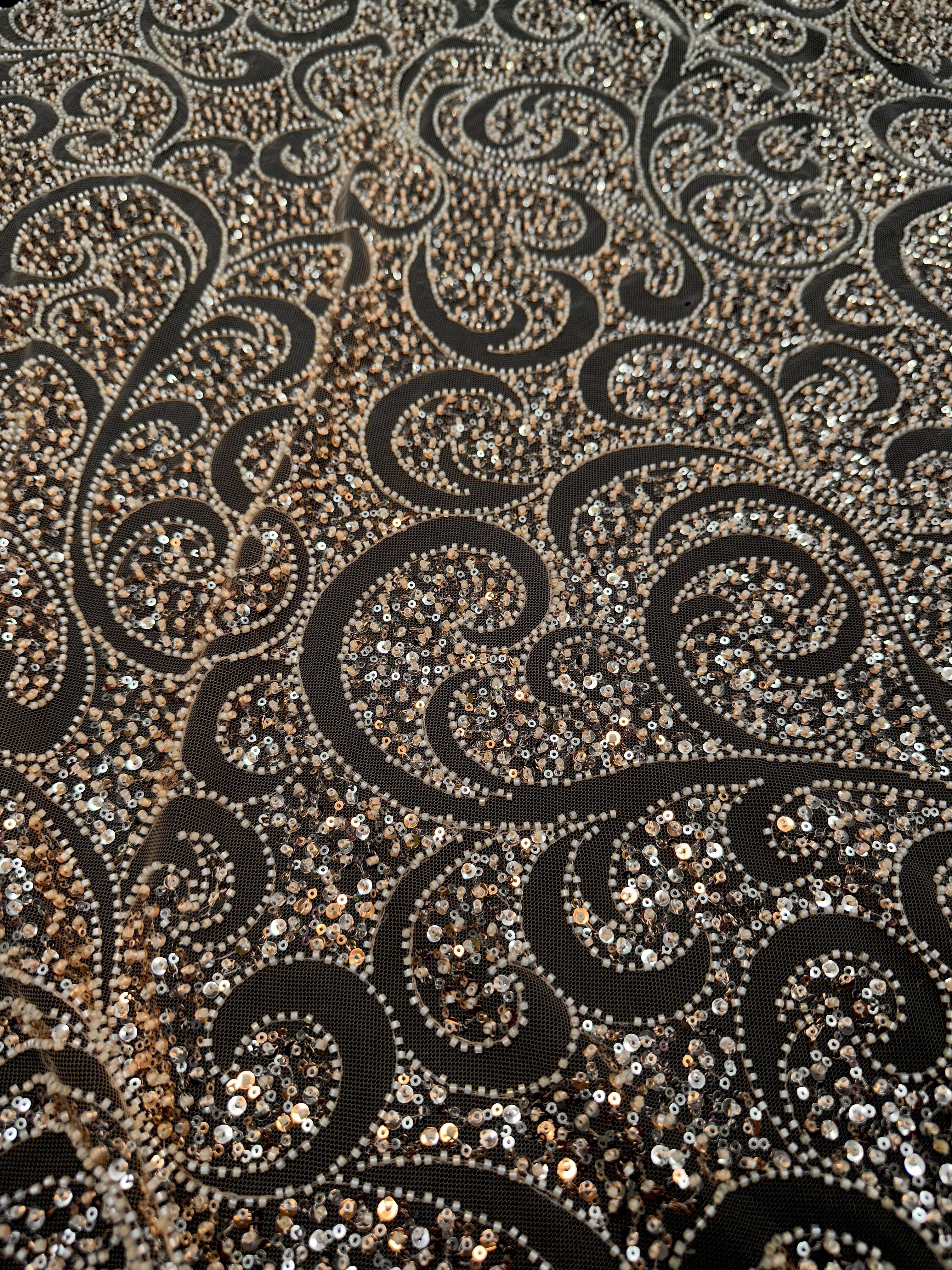 Gold Sequin Beaded Scroll Lace on Mesh, Fabric Store, Sewing Store, Cheap Fabric Store, Kiki Textiles, Textile by the Yard