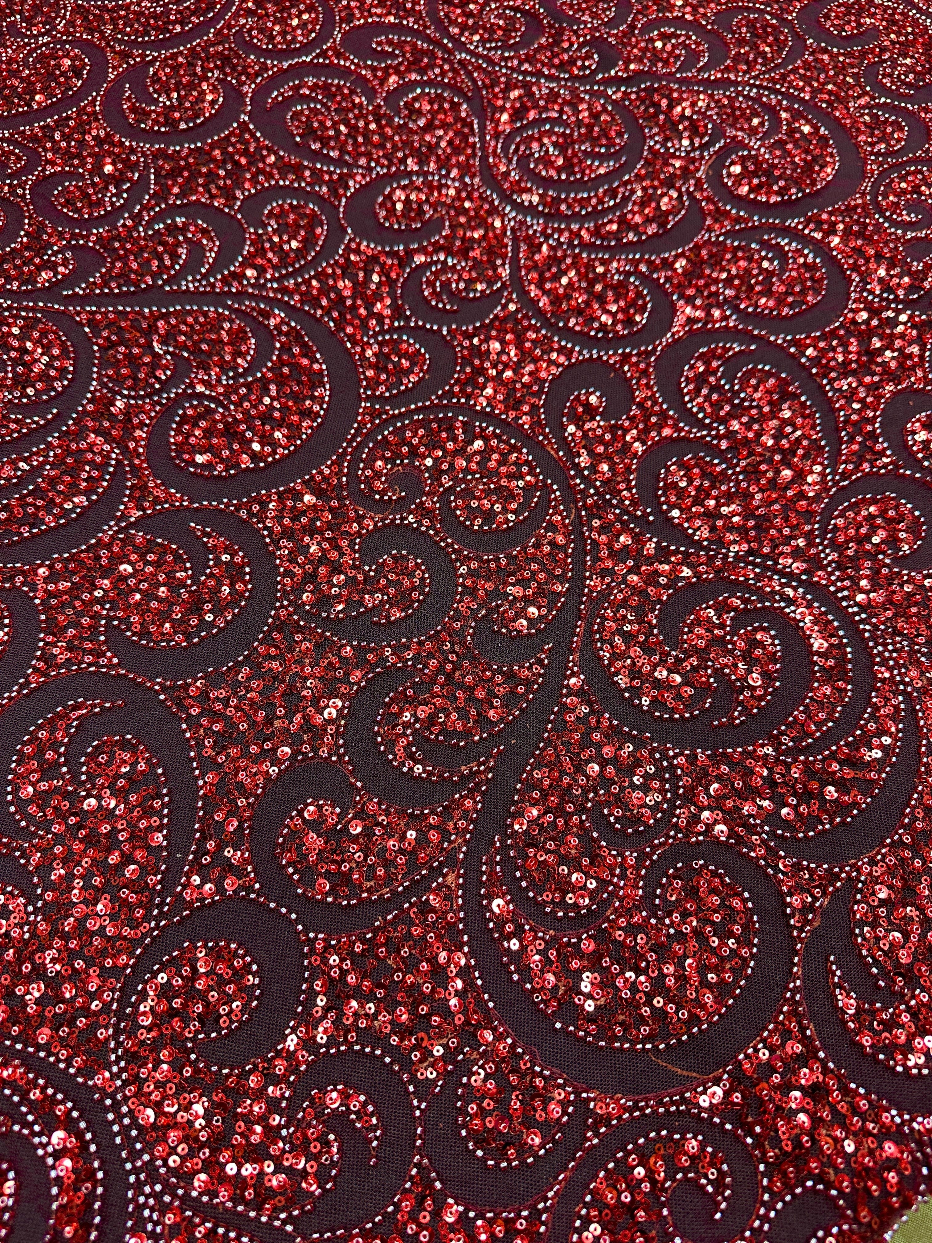 Red Sequin Beaded Scroll Lace on Mesh, Brocade for woman, shiny fabric for bride, Metallic Brocade, Brocade in low price, Shimmery fabric for party wear, Brocade for gown