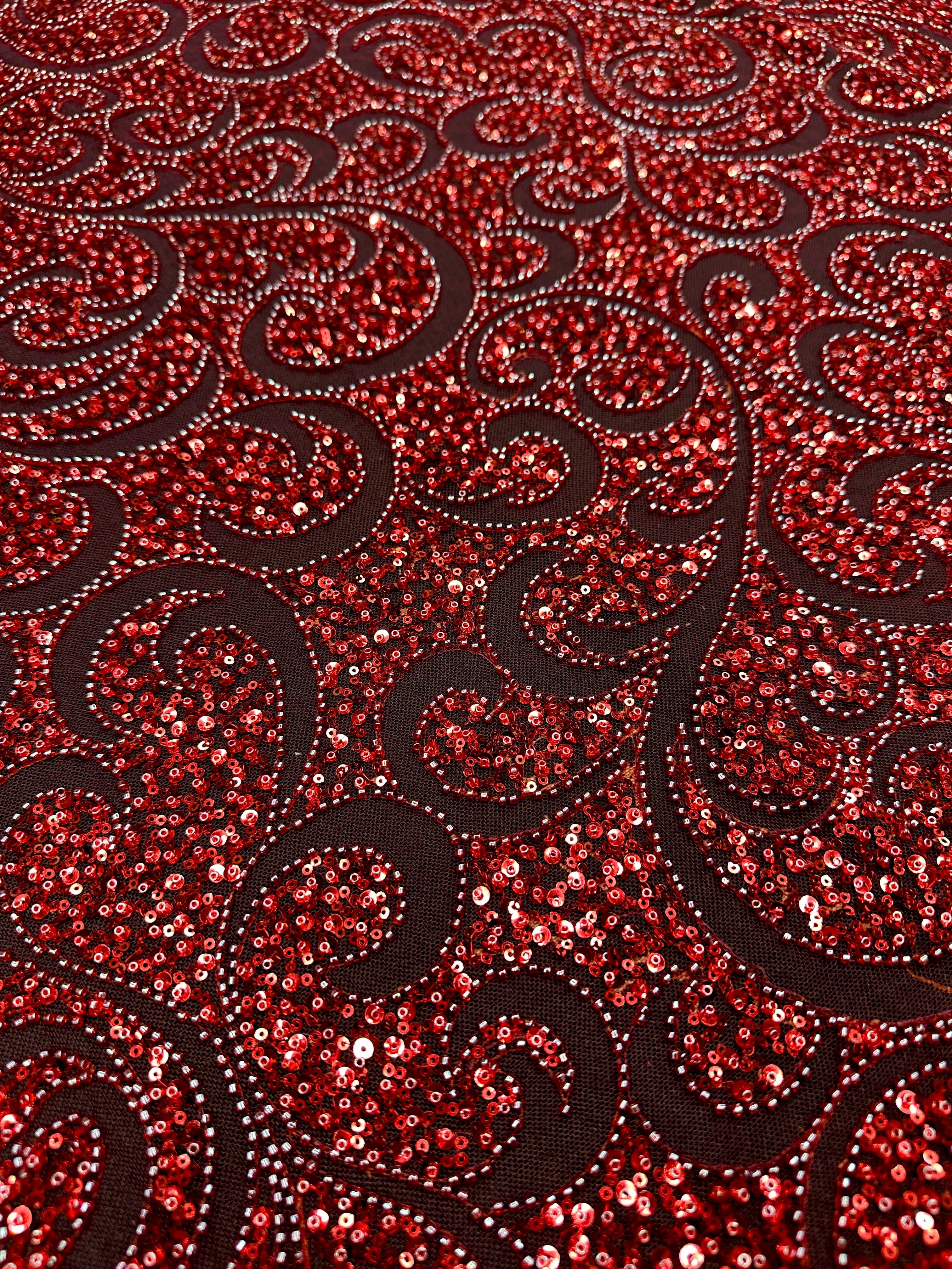 Red Sequin Beaded Scroll Lace on Mesh, Fabric Store, Sewing Store, Cheap Fabric Store, Kiki Textiles, Textile by the Yard
