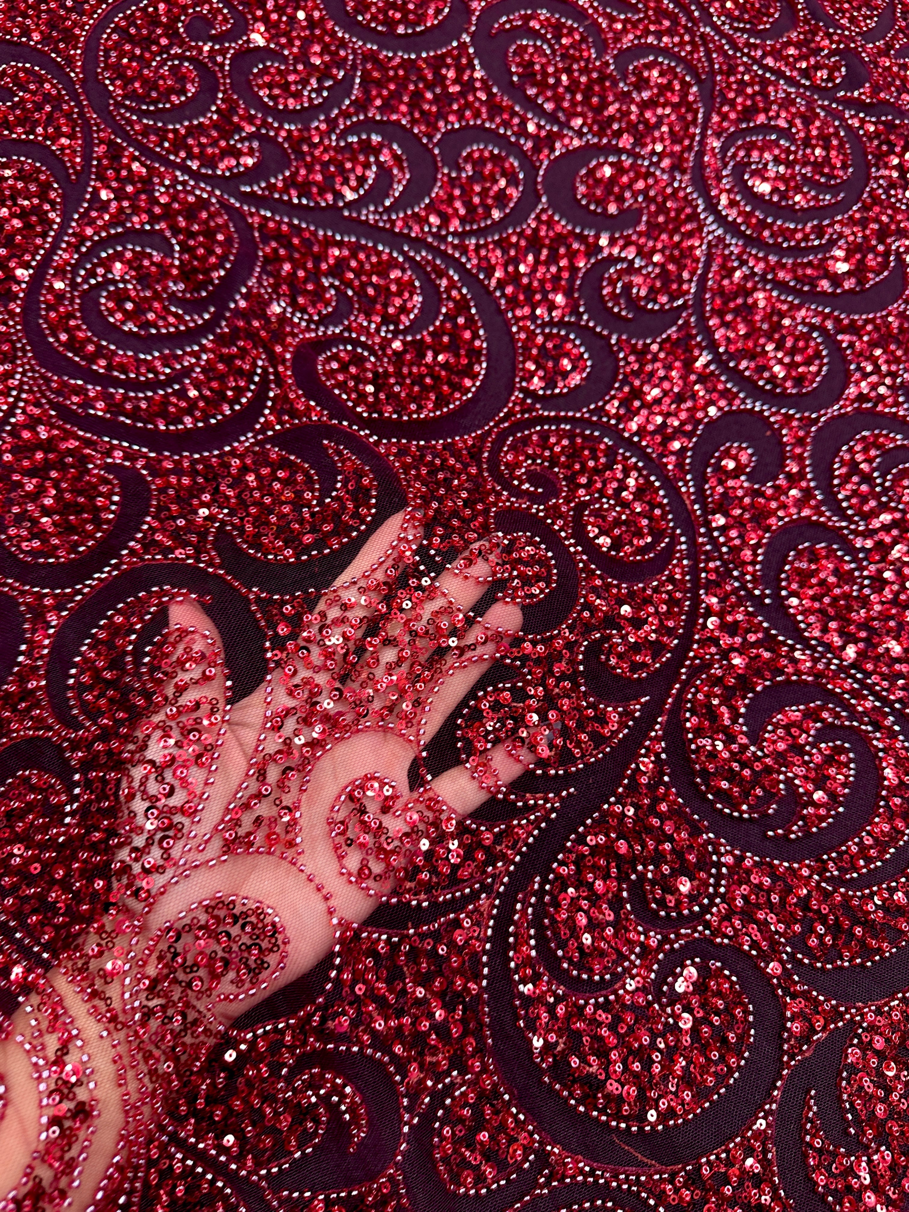 Red Sequin Beaded Scroll Lace on Mesh, Fabric Store, Sewing Store, Cheap Fabric Store, Kiki Textiles, Textile by the Yard