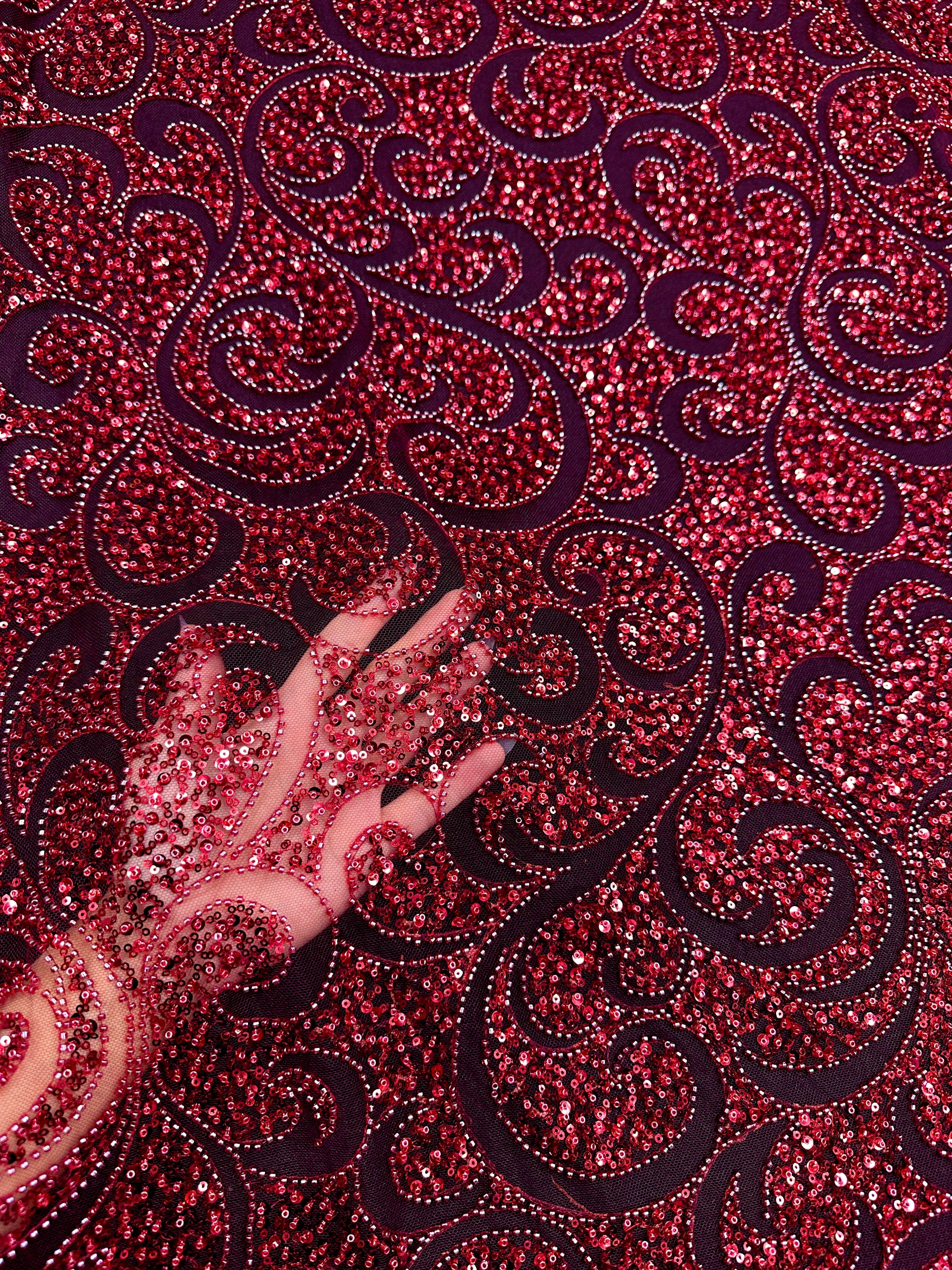 Red Sequin Beaded Scroll Lace on Mesh, Brocade for woman, shiny fabric for bride, Metallic Brocade, Brocade in low price, Shimmery fabric for party wear, Brocade for gown