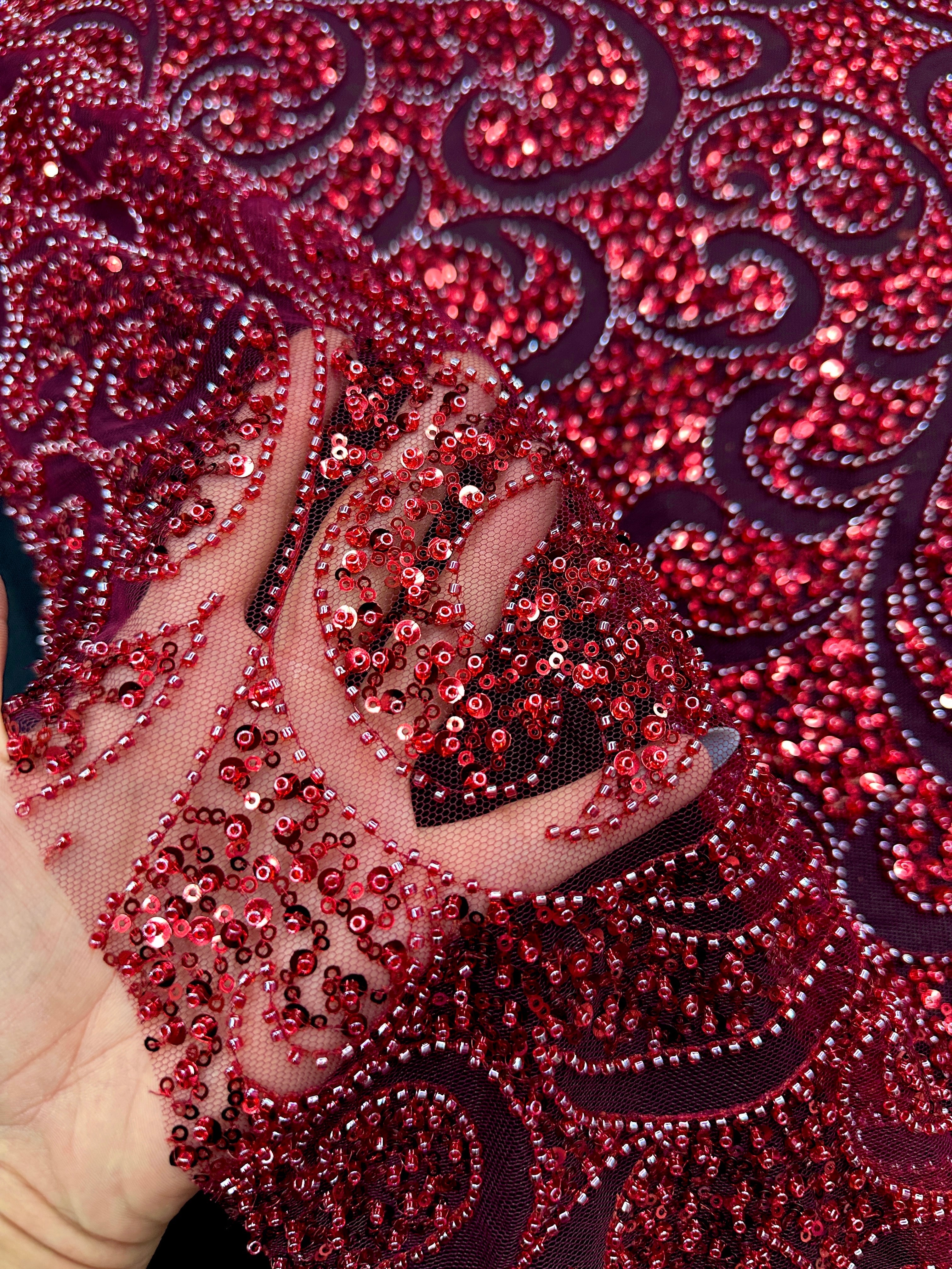 Red Sequin Beaded Scroll Lace on Mesh, Brocade for woman, shiny fabric for bride, Metallic Brocade, Brocade in low price, Shimmery fabric for party wear, Brocade for gown