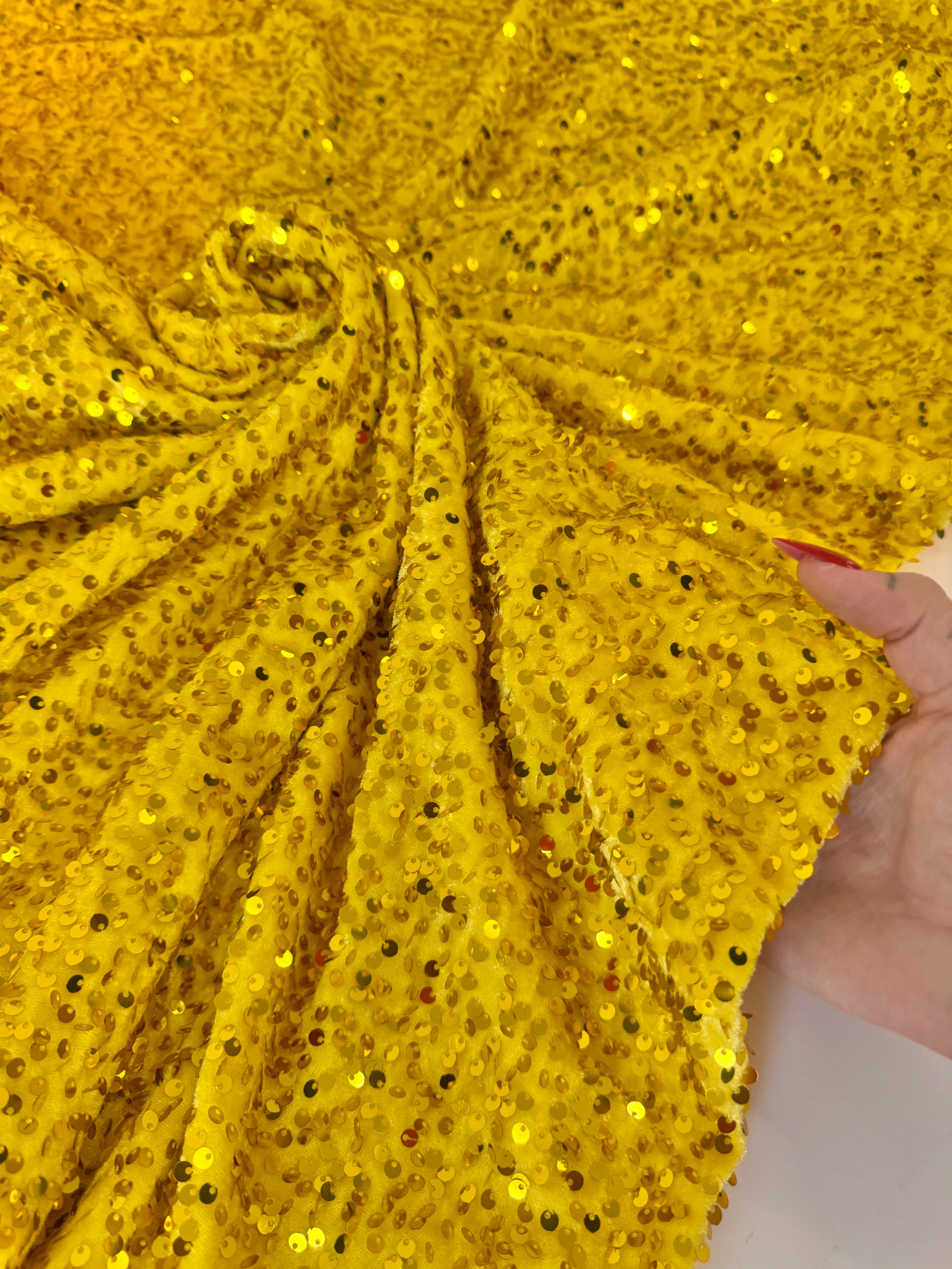 Yellow Sequins Velvet, Sequin on velvet, Stretch Sequin Mesh, Stretch Sequin velvet for woman,  Stretch Sequin velvet for bride, Stretch Sequin velvet on sale, Stretch Sequin velvet on discount, Stretch Sequin velvet online