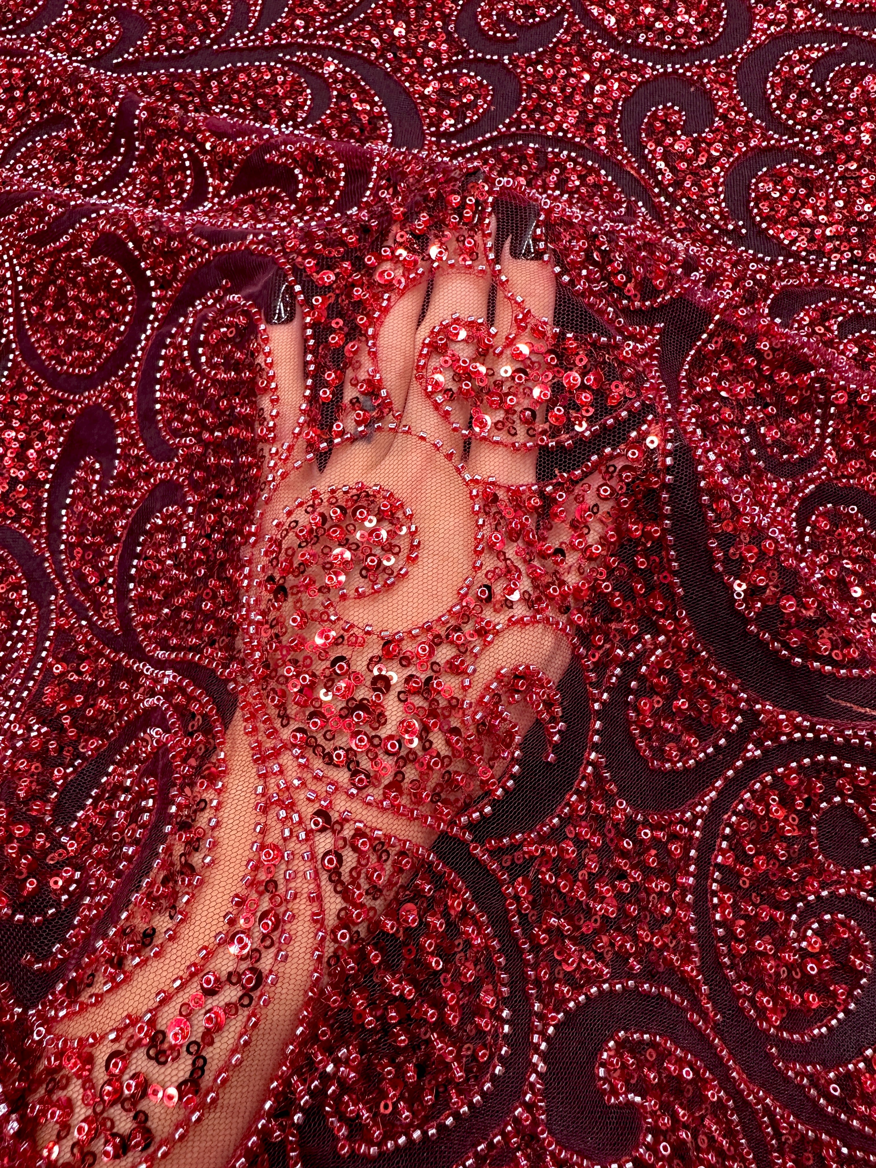 Red Sequin Beaded Scroll Lace on Mesh, Fabric Store, Sewing Store, Cheap Fabric Store, Kiki Textiles, Textile by the Yard