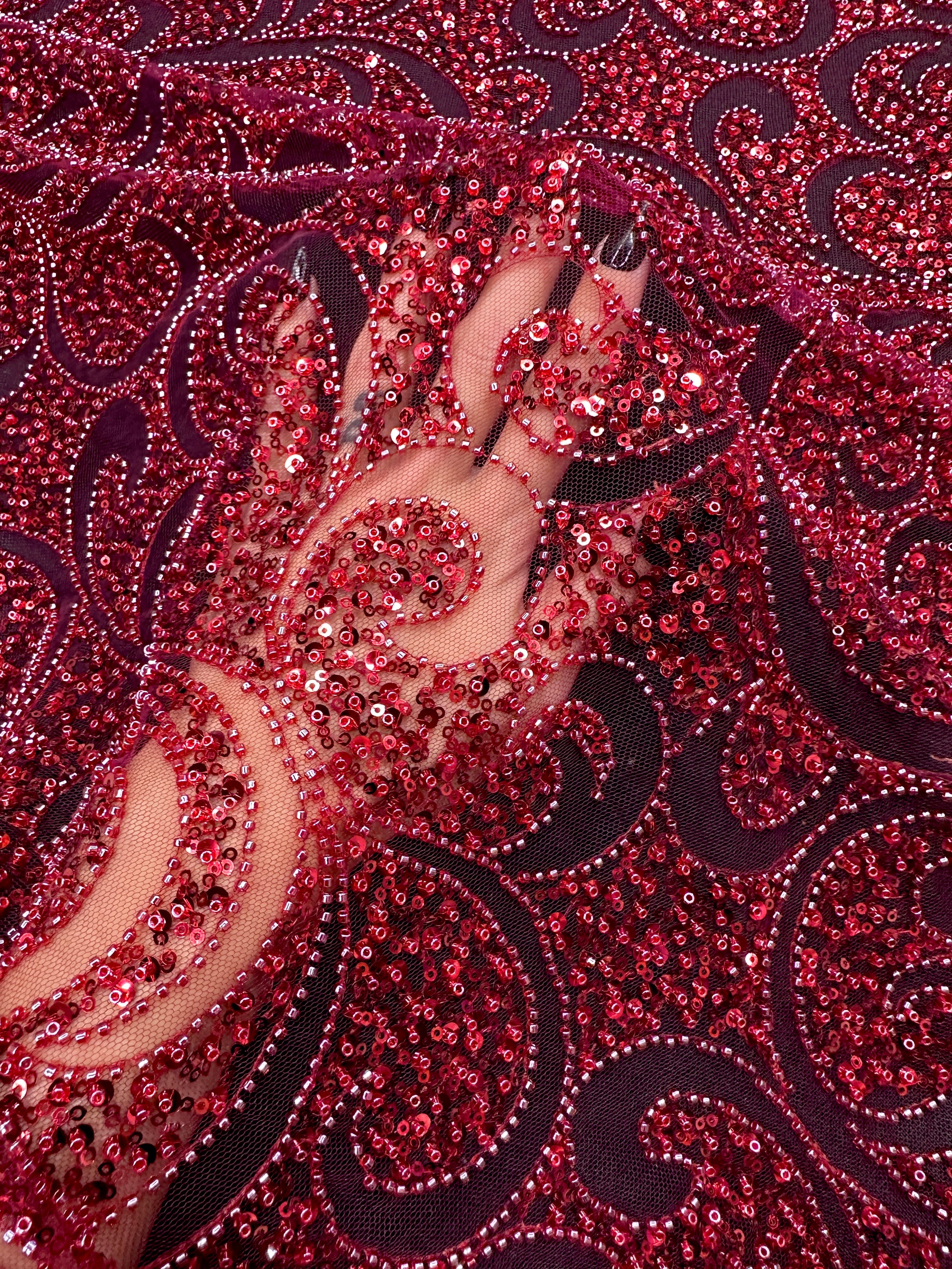 Red Sequin Beaded Scroll Lace on Mesh, Fabric Store, Sewing Store, Cheap Fabric Store, Kiki Textiles, Textile by the Yard