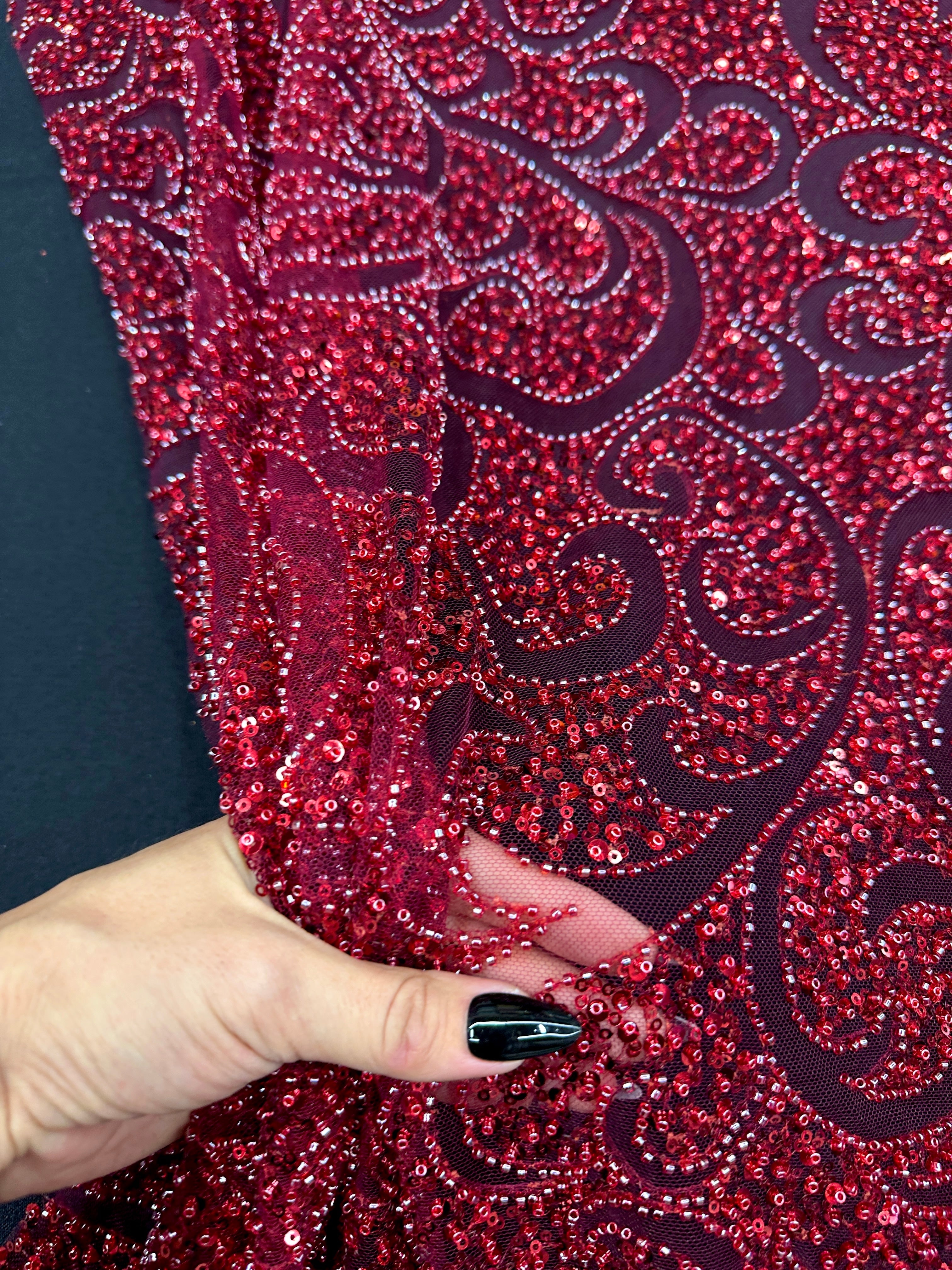 Red Sequin Beaded Scroll Lace on Mesh, Brocade for woman, shiny fabric for bride, Metallic Brocade, Brocade in low price, Shimmery fabric for party wear, Brocade for gown