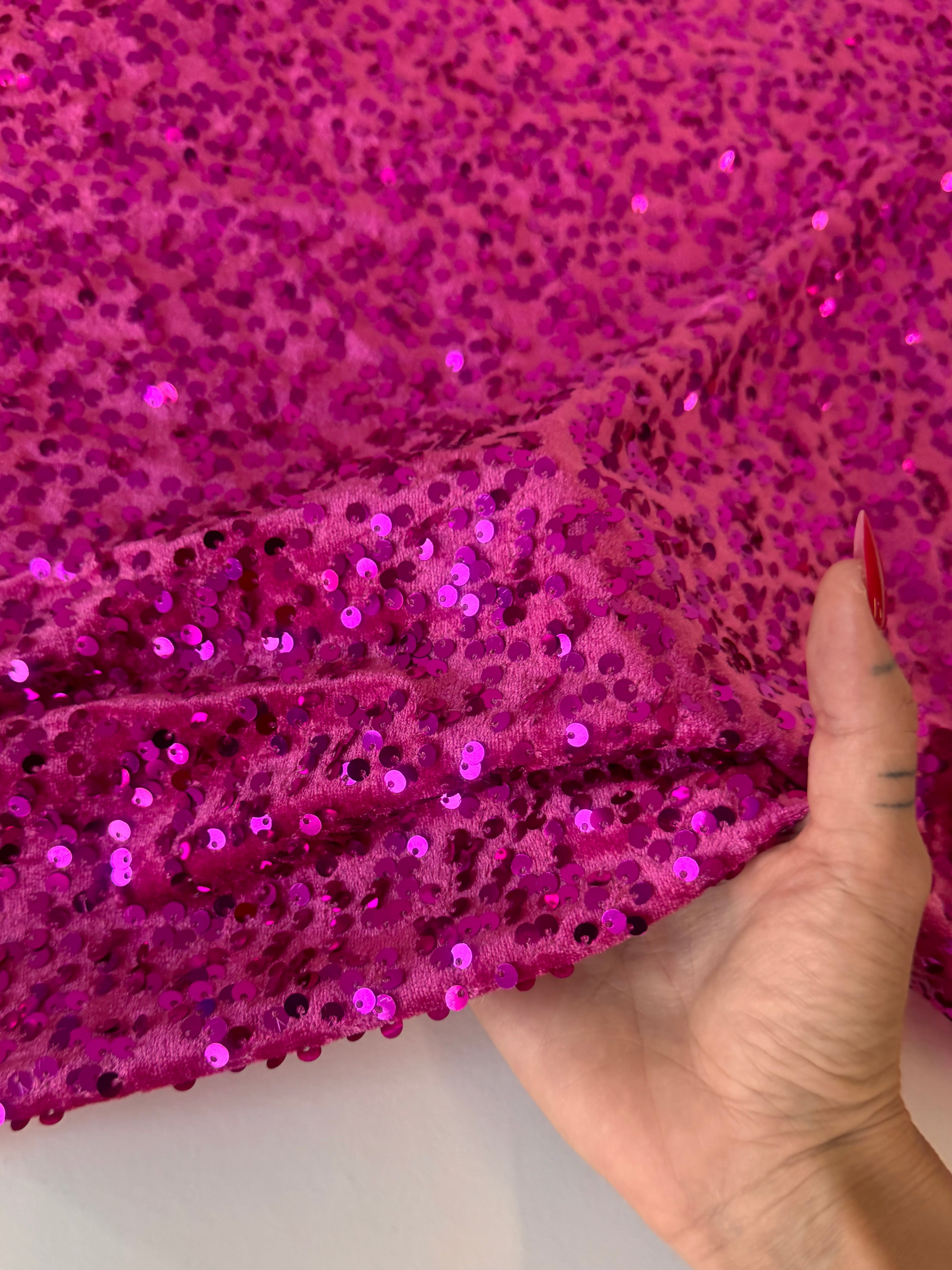 Fuchsia Sequins Velvet, Sequin on velvet, Stretch Sequin Mesh, Stretch Sequin velvet for woman, Stretch Sequin velvet for bride, Stretch Sequin velvet on sale, Stretch Sequin velvet on discount, Stretch Sequin velvet online