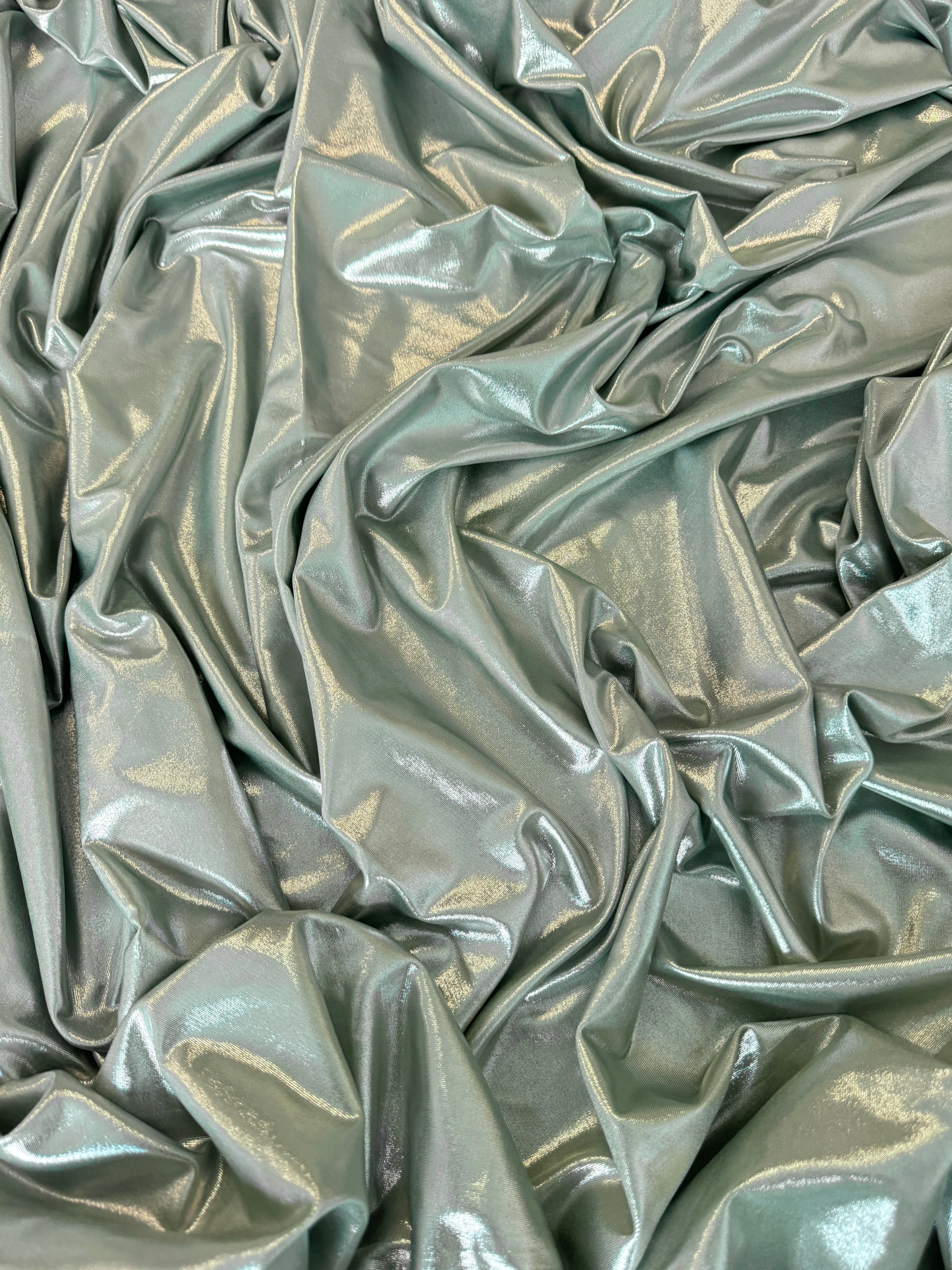 sage green stretch foiled spandex, dark green stretch foiled spandex, light green stretch foiled spandex, dark green stretch foiled spandex, premium stretch foiled spandex, stretch foiled spandex on sale, stretch foiled spandex on discount