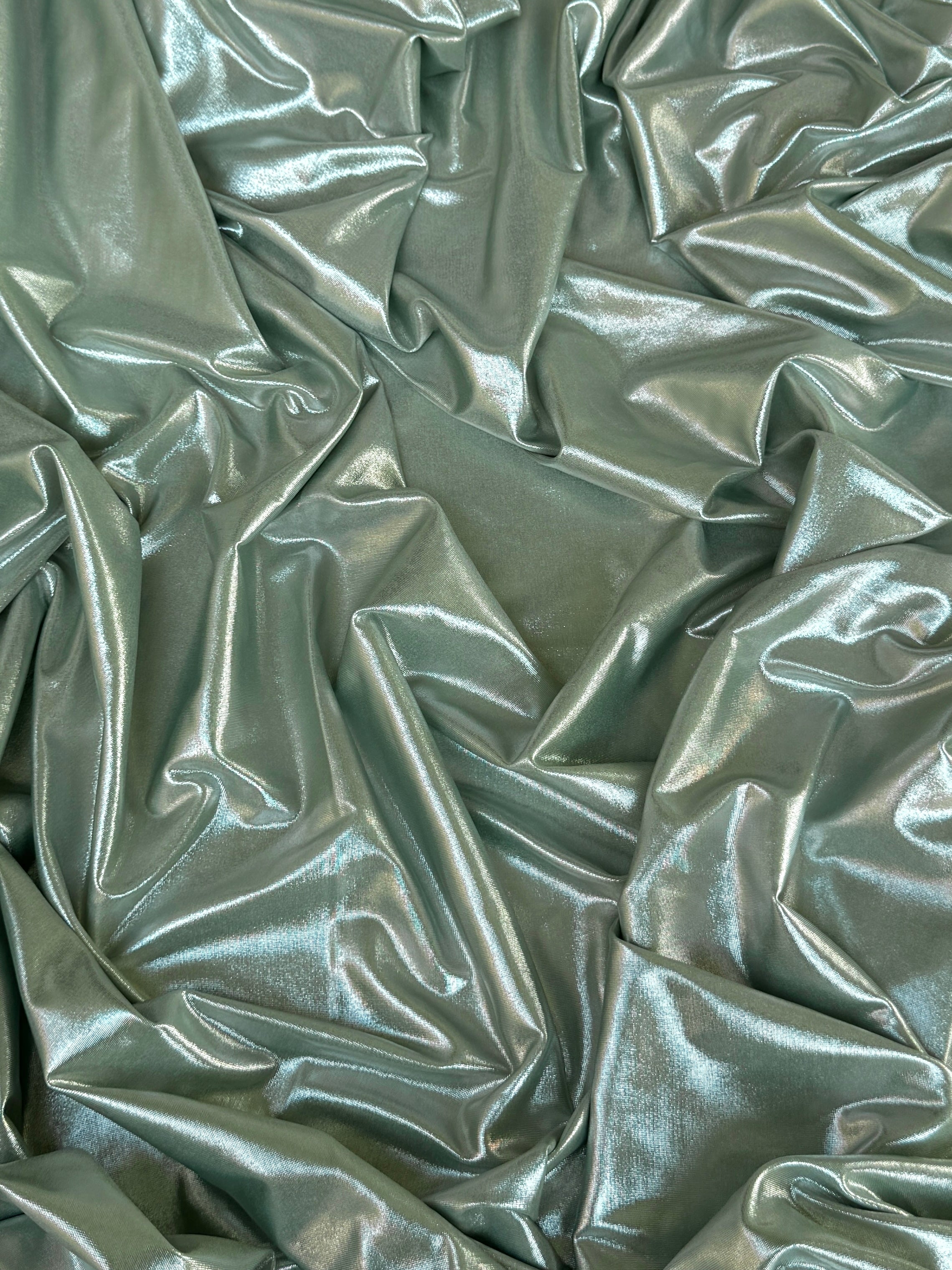 sage green stretch foiled spandex, dark green stretch foiled spandex, light green stretch foiled spandex, dark green stretch foiled spandex, premium stretch foiled spandex, stretch foiled spandex on sale, stretch foiled spandex on discount
