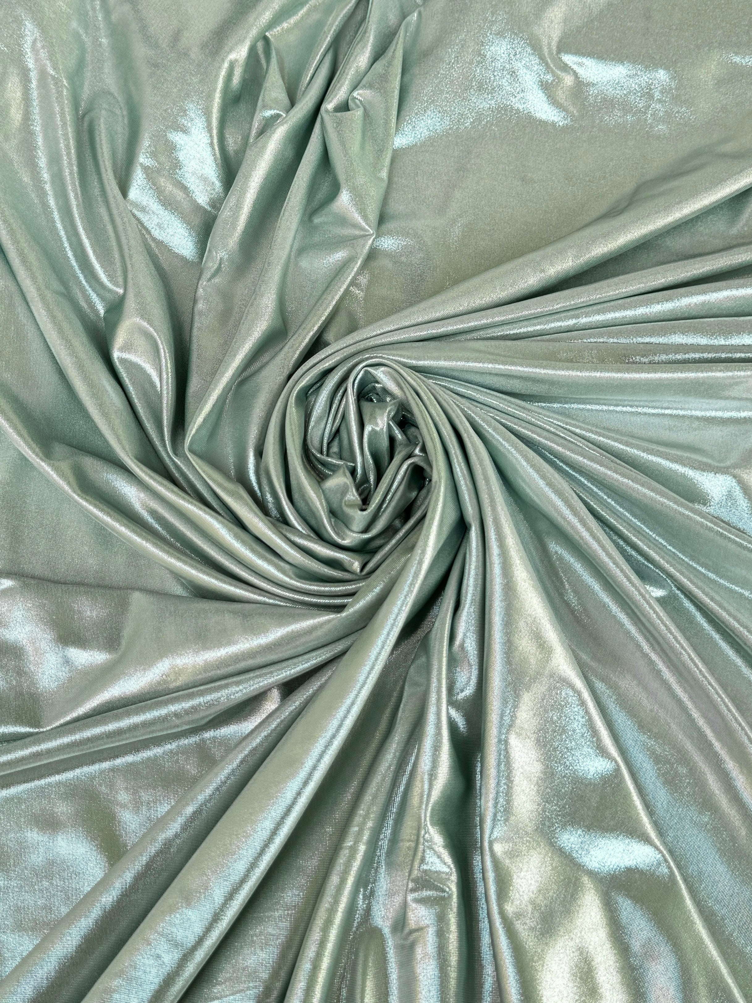 sage green stretch foiled spandex, dark green stretch foiled spandex, light green stretch foiled spandex, dark green stretch foiled spandex, premium stretch foiled spandex, stretch foiled spandex on sale, stretch foiled spandex on discount