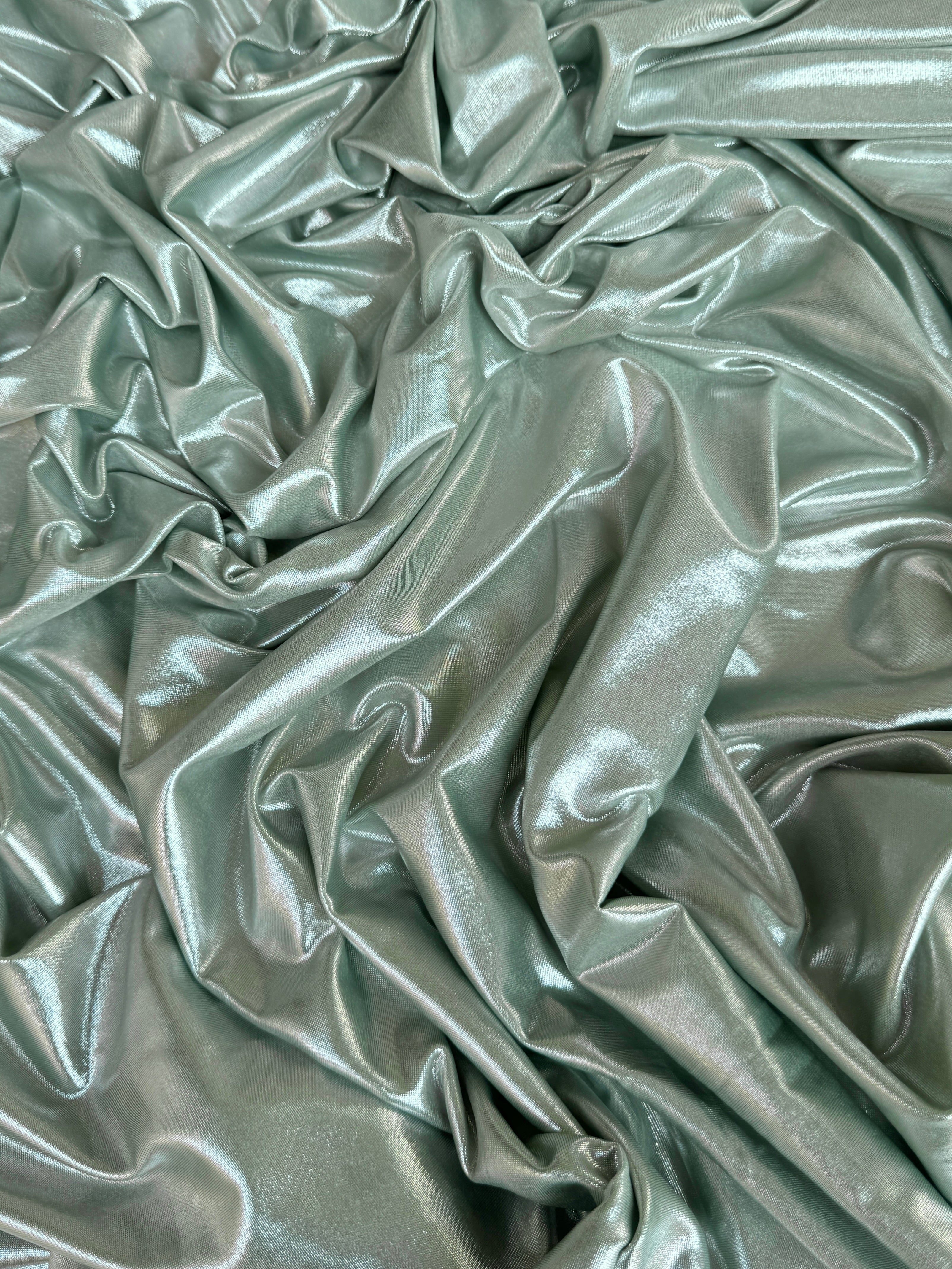 sage green stretch foiled spandex, dark green stretch foiled spandex, light green stretch foiled spandex, dark green stretch foiled spandex, premium stretch foiled spandex, stretch foiled spandex on sale, stretch foiled spandex on discount