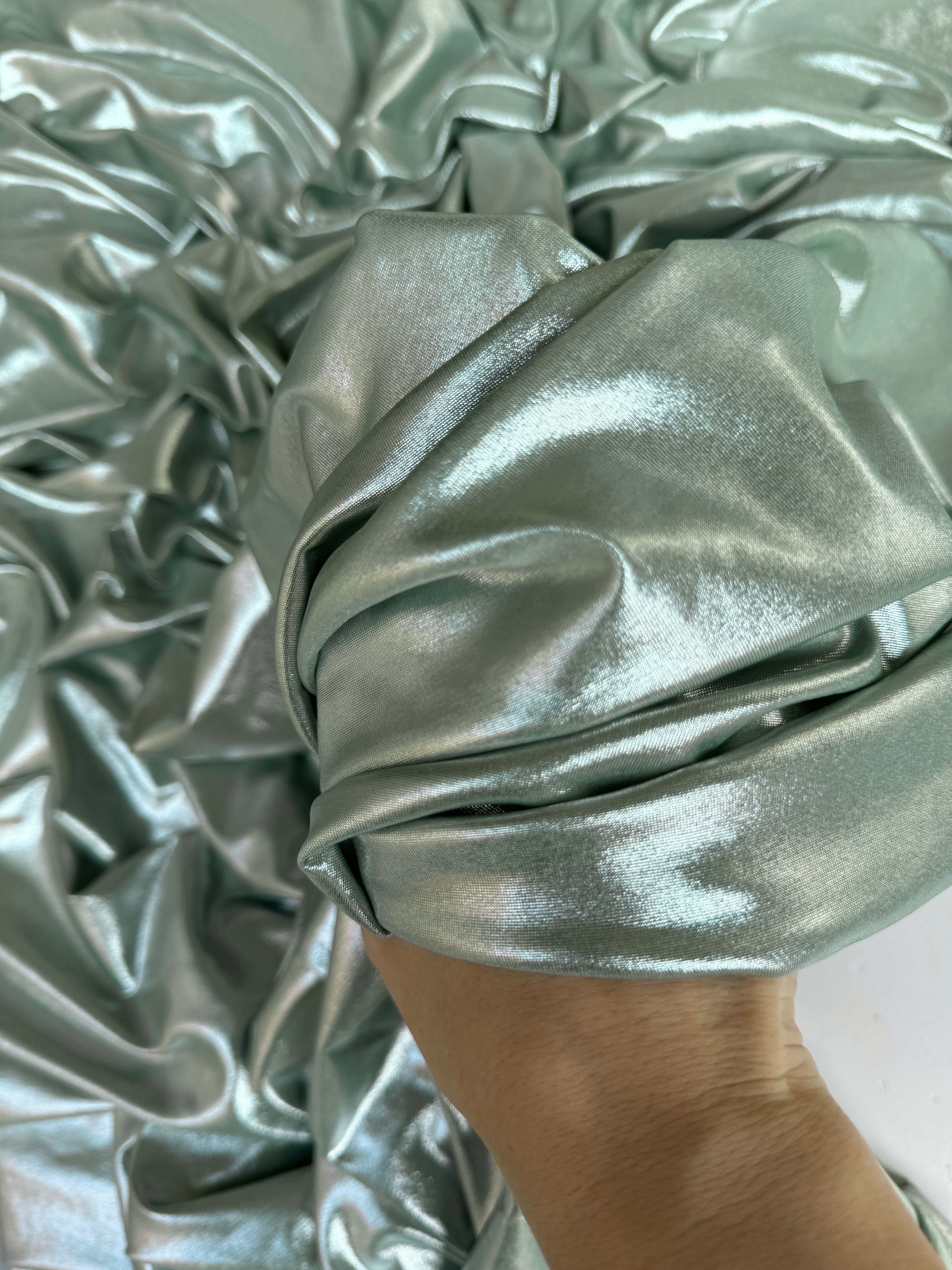 sage green stretch foiled spandex, dark green stretch foiled spandex, light green stretch foiled spandex, dark green stretch foiled spandex, premium stretch foiled spandex, stretch foiled spandex on sale, stretch foiled spandex on discount