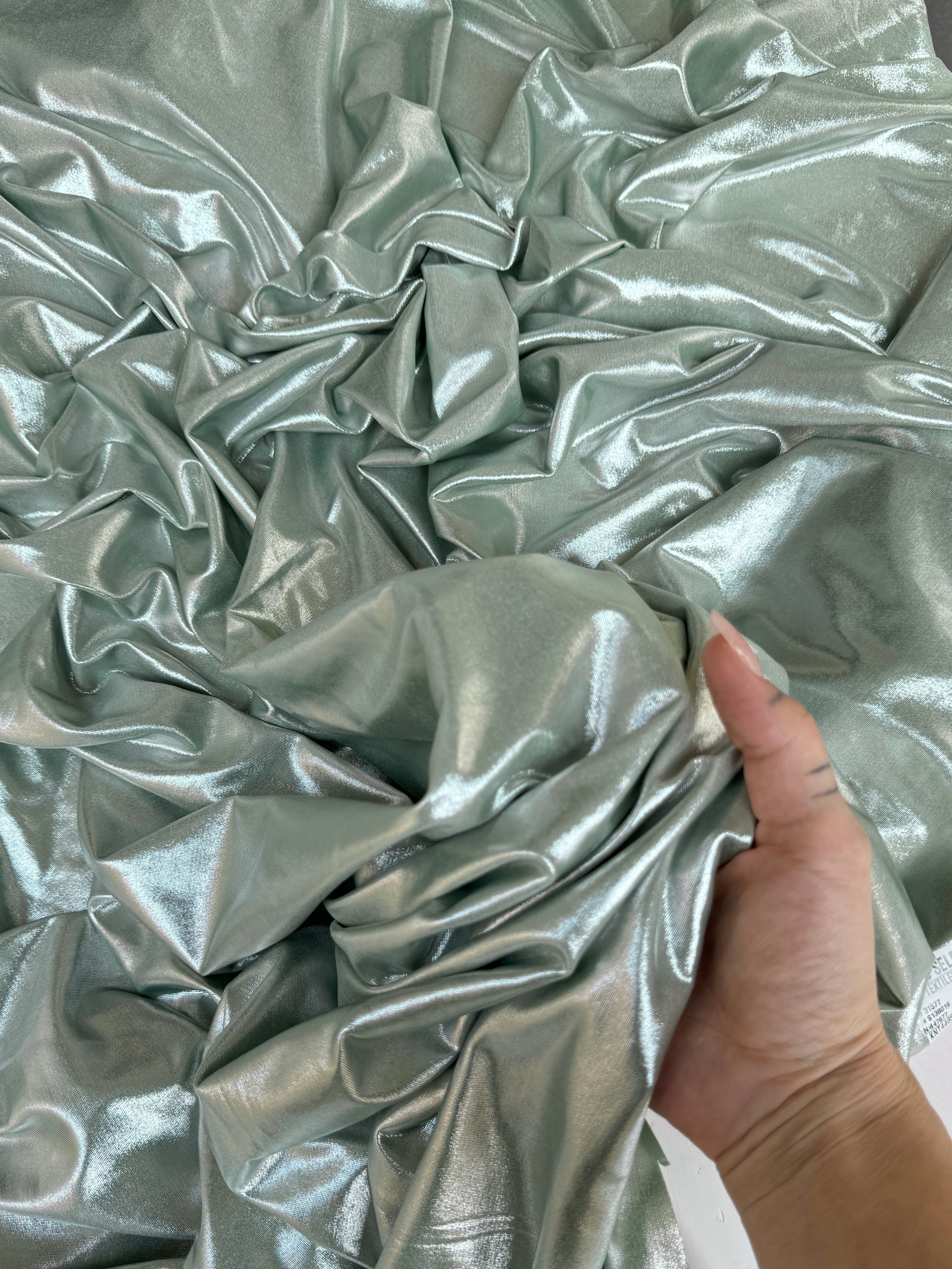 sage green stretch foiled spandex, dark green stretch foiled spandex, light green stretch foiled spandex, dark green stretch foiled spandex, premium stretch foiled spandex, stretch foiled spandex on sale, stretch foiled spandex on discount