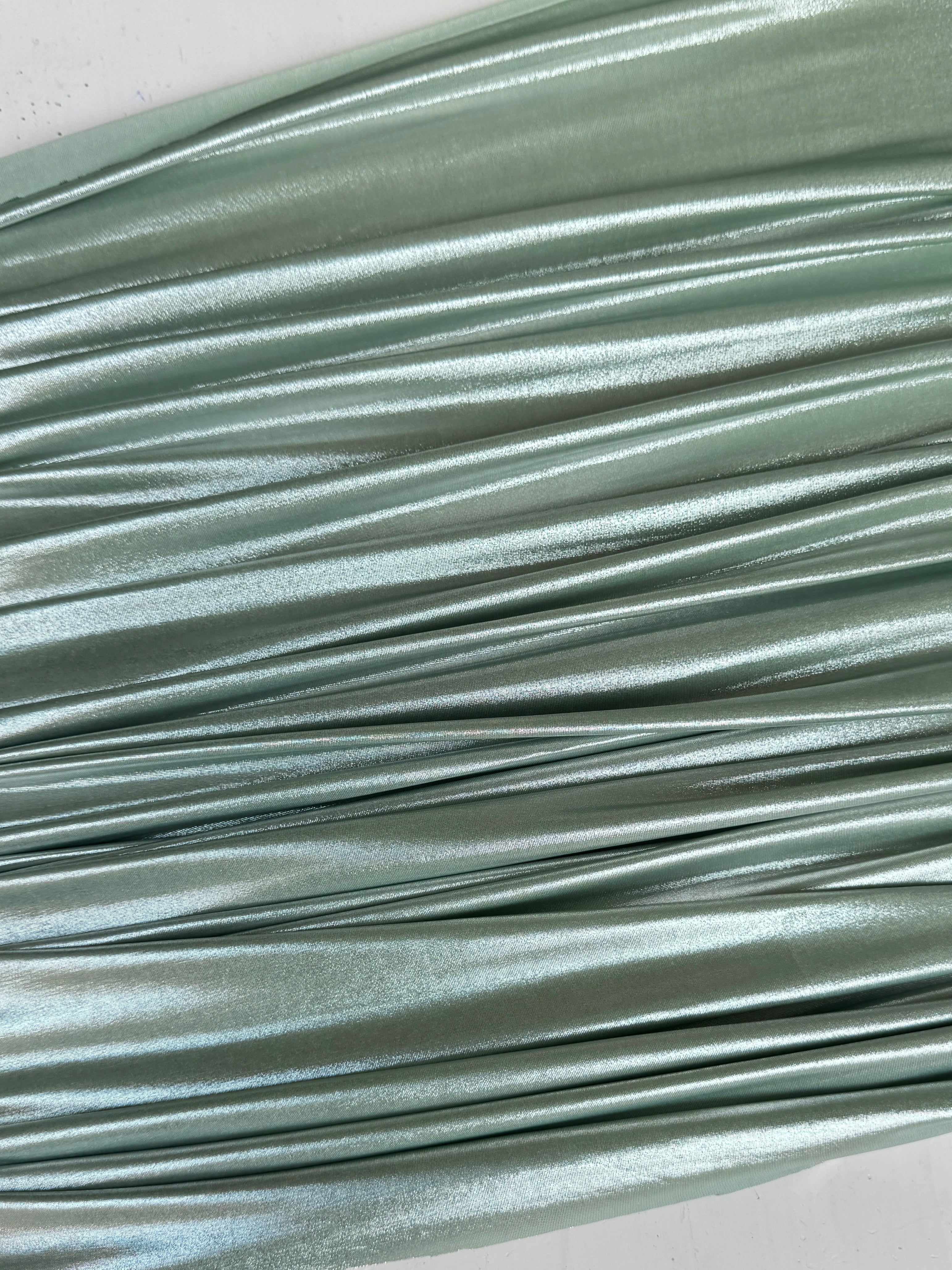 sage green stretch foiled spandex, dark green stretch foiled spandex, light green stretch foiled spandex, dark green stretch foiled spandex, premium stretch foiled spandex, stretch foiled spandex on sale, stretch foiled spandex on discount
