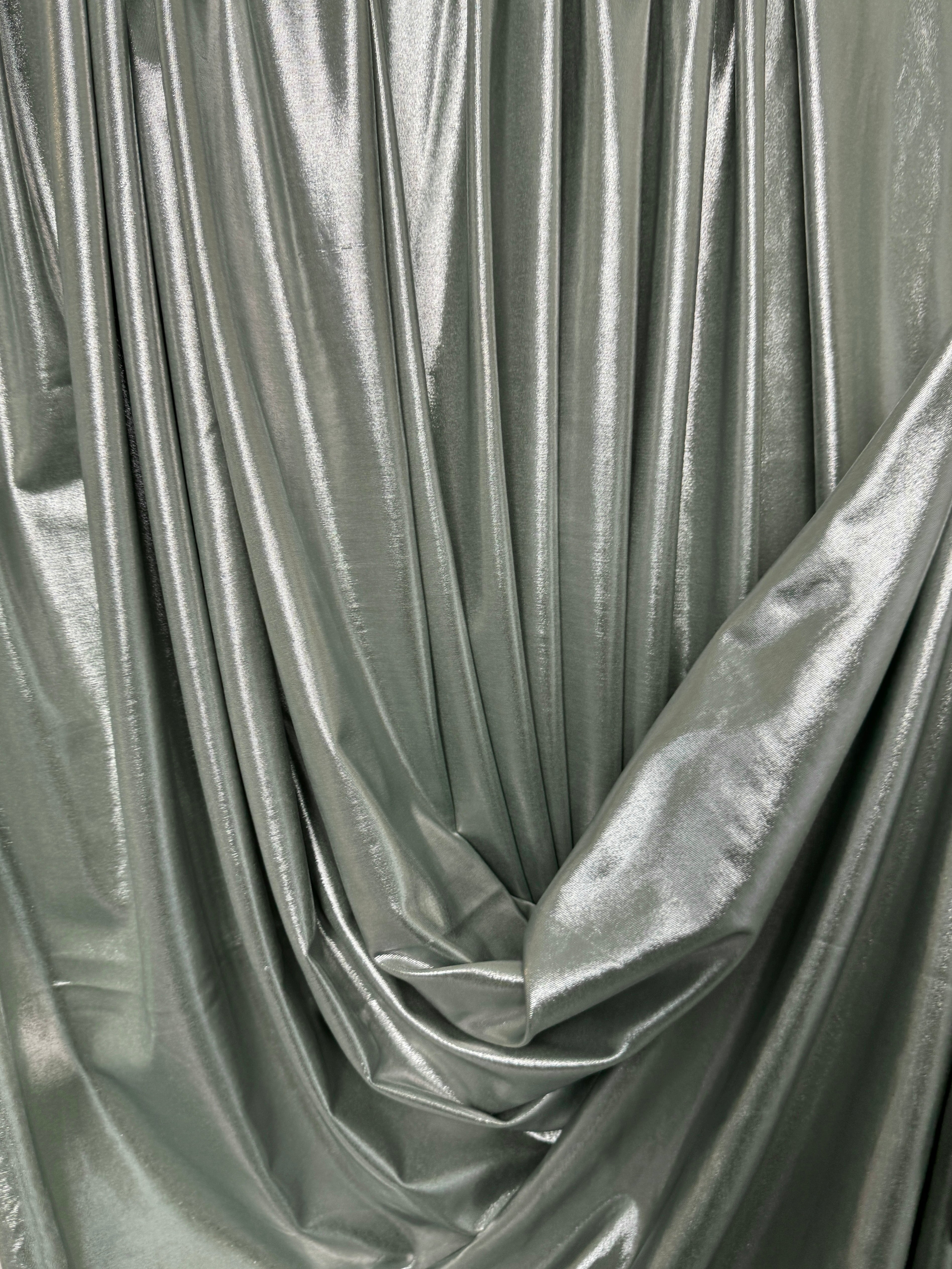 sage green stretch foiled spandex, dark green stretch foiled spandex, light green stretch foiled spandex, dark green stretch foiled spandex, premium stretch foiled spandex, stretch foiled spandex on sale, stretch foiled spandex on discount