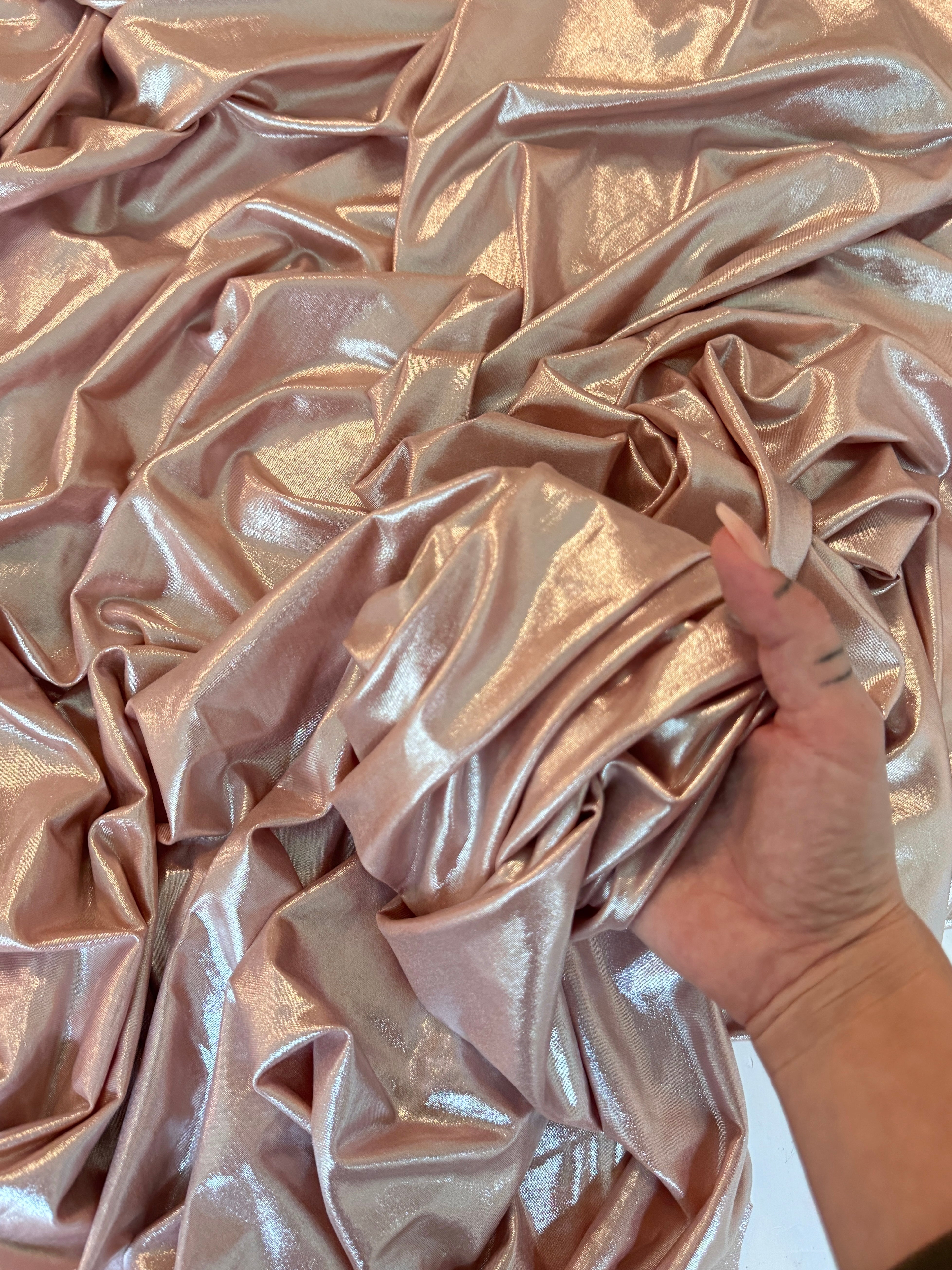 blush stretch foiled spandex, pink stretch foiled spandex, light pink stretch foiled spandex, dark pink stretch foiled spandex, premium stretch foiled spandex, stretch foiled spandex on sale, stretch foiled spandex on discount