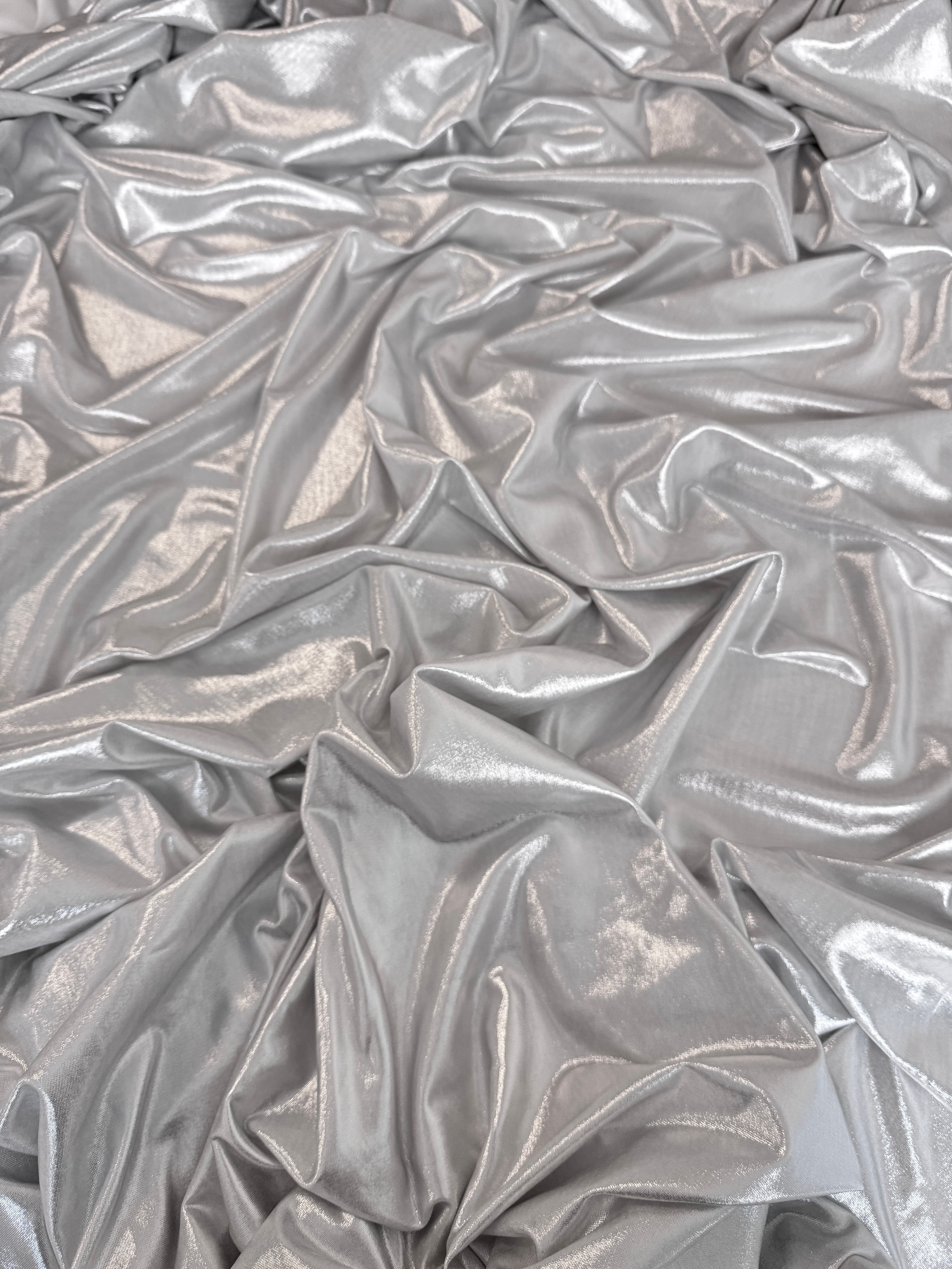 light silver stretch foiled spandex, dark silver stretch foiled spandex, silver stretch foiled spandex, dark silver stretch foiled spandex, premium stretch foiled spandex, stretch foiled spandex on sale, stretch foiled spandex on discount