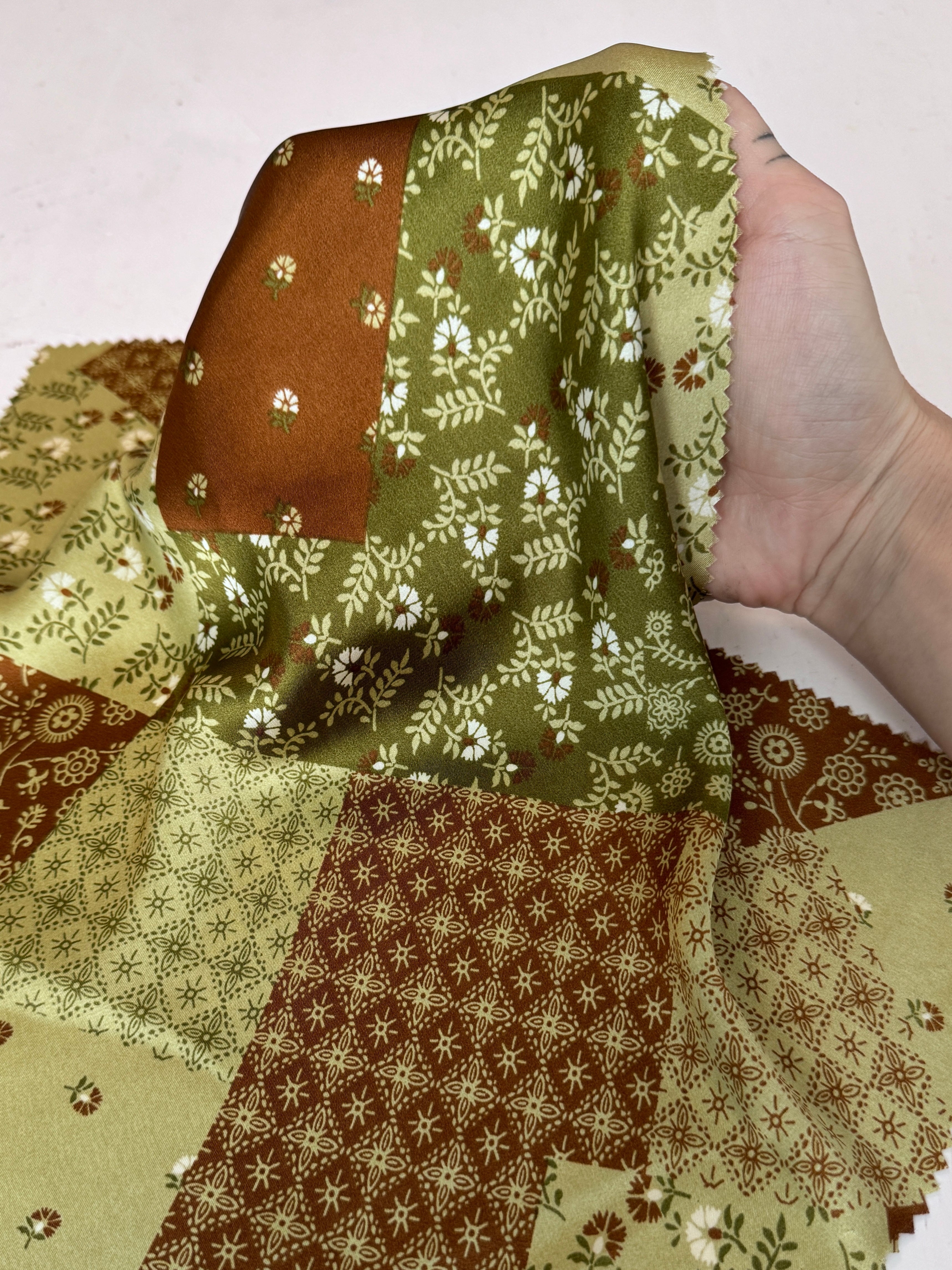 green patchwork Floral Print Satin, multicolor Floral Print Satin,premium Floral Print Satin, best quality Floral Print Satin, Floral Print Satin for bridal wear, Floral Print Satin for party wear, Floral Print Satin in low price, premium Floral Print Satin