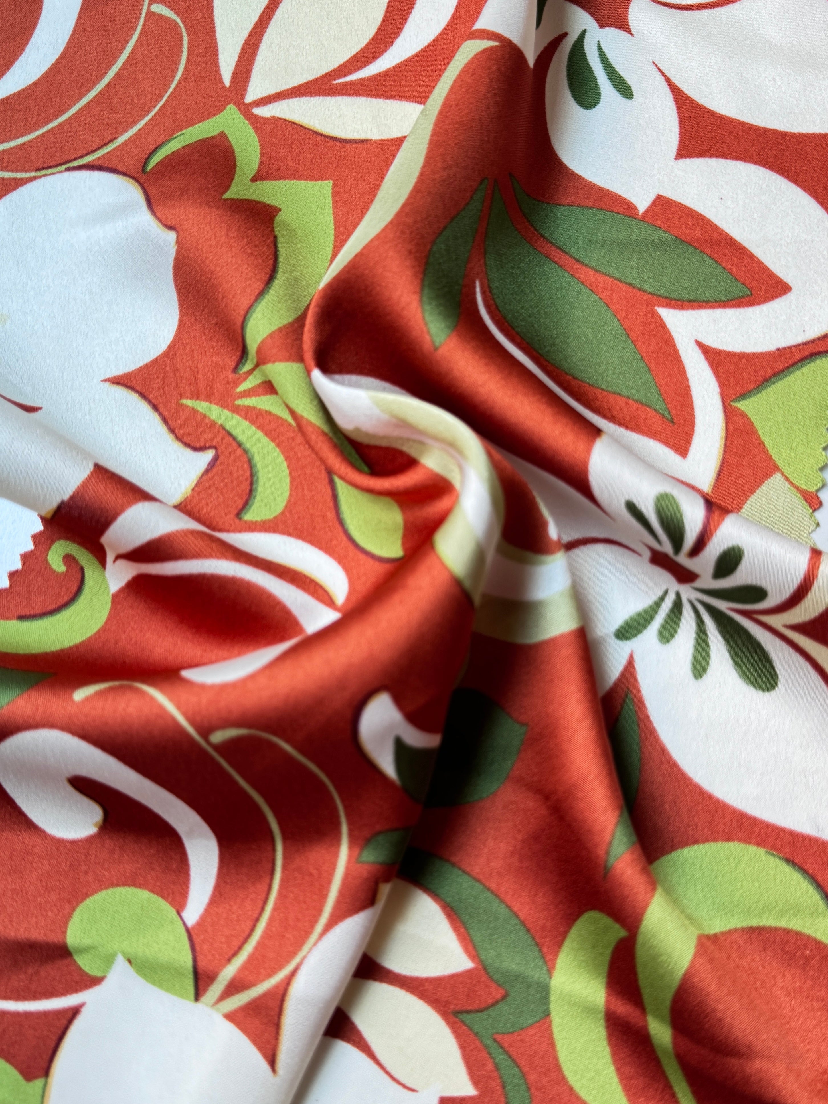 rust Floral Print Satin, dark orange floral print Satin, orange Printed Satin, best quality Printed Satin, Printed Satin for bridal wear, Printed Satin for party wear, Printed Satin in low price, premium Printed Satin