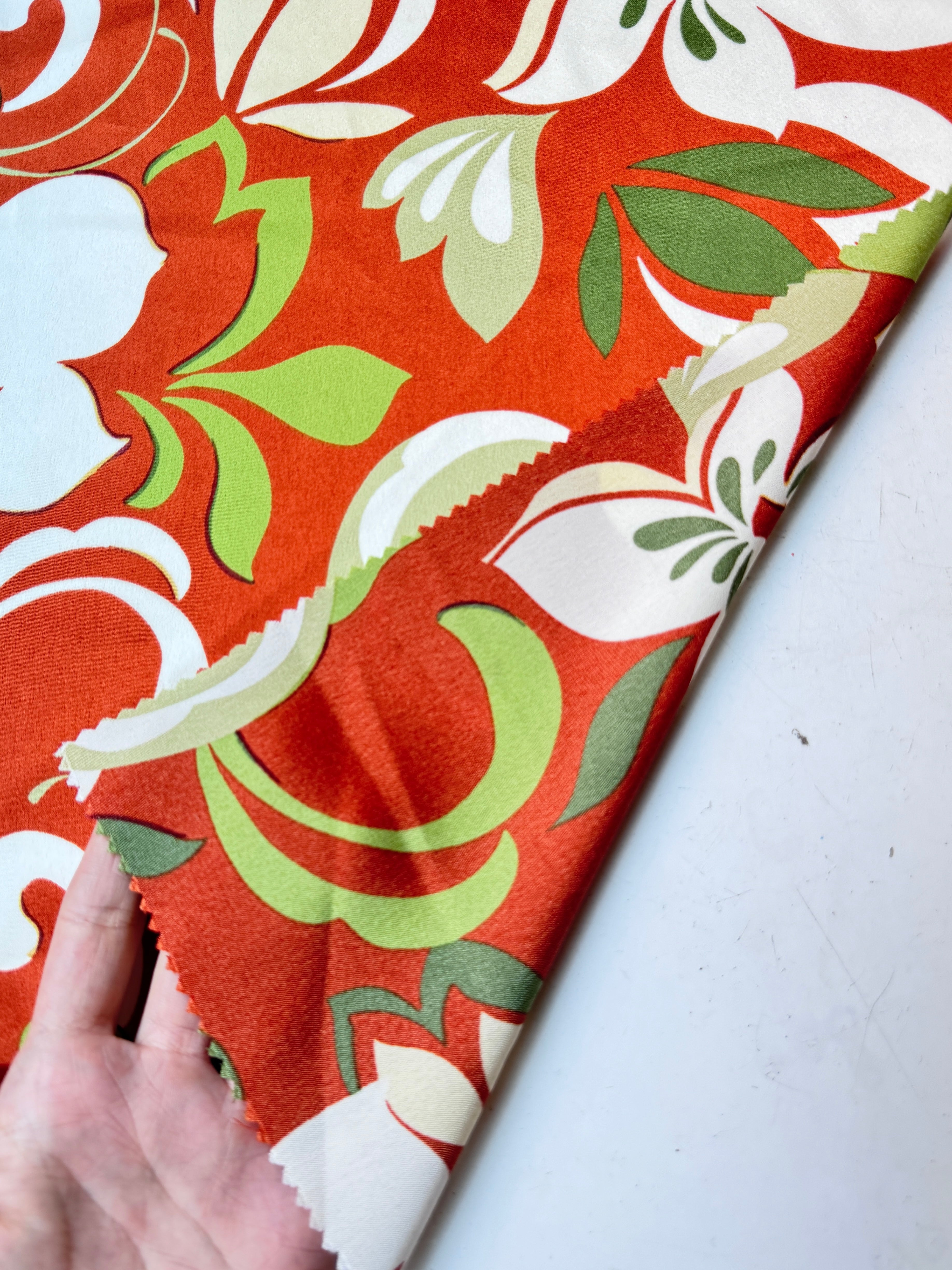 rust Floral Print Satin, dark orange floral print Satin, orange Printed Satin, best quality Printed Satin, Printed Satin for bridal wear, Printed Satin for party wear, Printed Satin in low price, premium Printed Satin