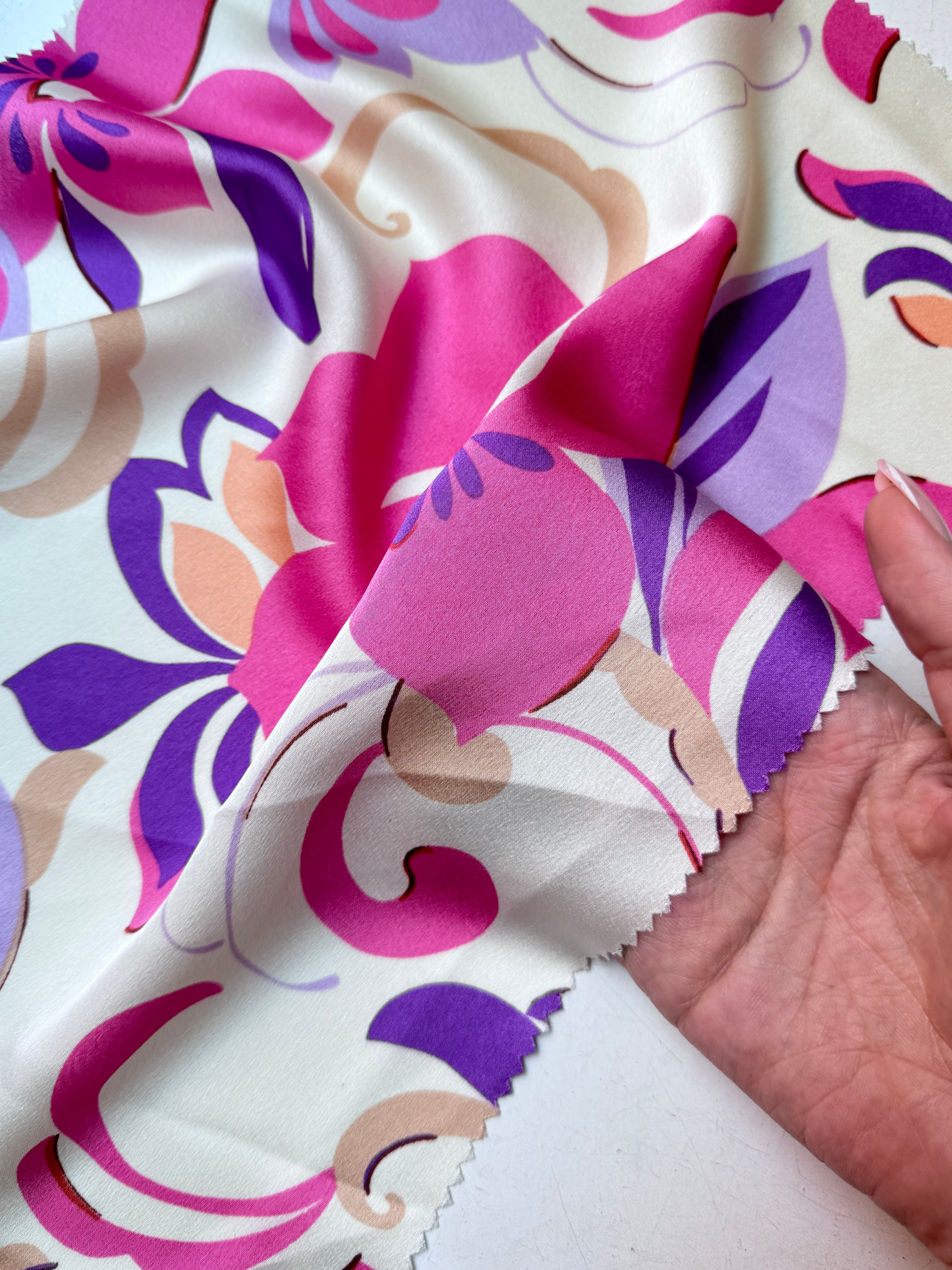 ivory/pink Floral Print Satin, ivory floral print Satin, pink Printed Satin, best quality Printed Satin, Printed Satin for bridal wear, Printed Satin for party wear, Printed Satin in low price, premium Printed Satin
