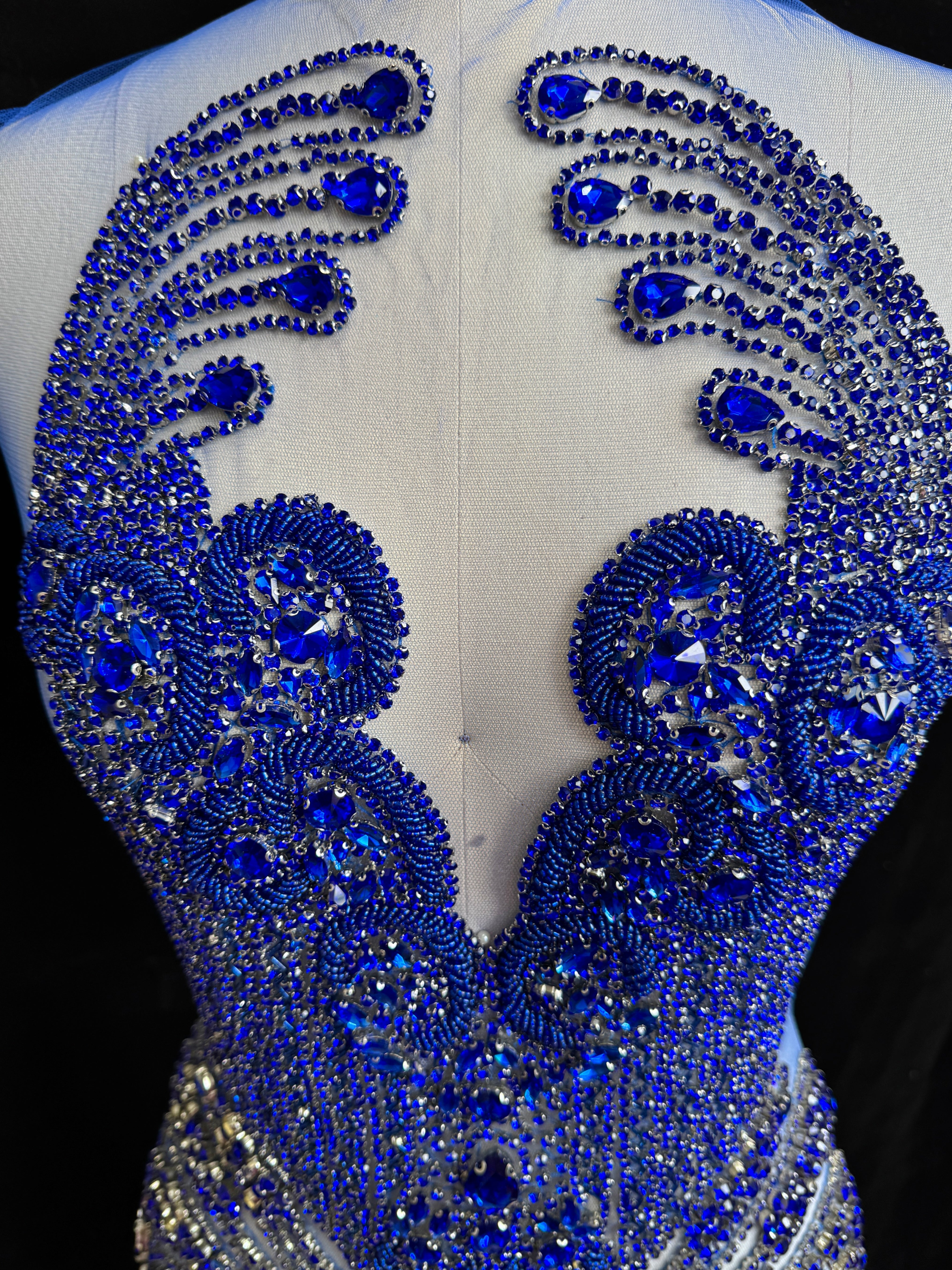 Tina royal blue Rhinestones Bodice Applique, blue rhinestone, light blue rhinestone, dark blue rhinestone
