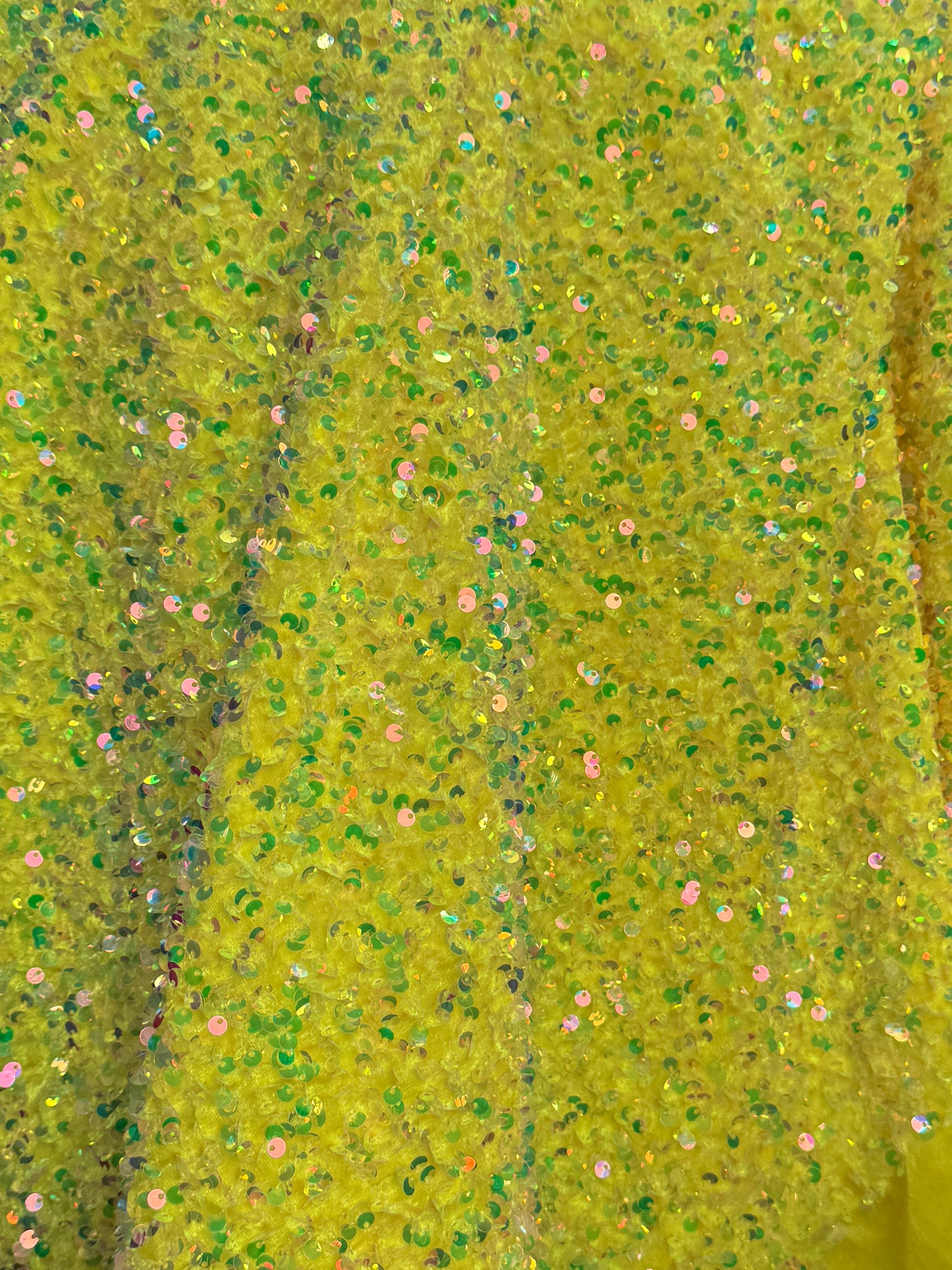 yellow iridescent sequin On velvet, yellow Sequin on velvet, Sequin on velvet, Stretch Sequin Mesh, Stretch Sequin velvet for woman,  Stretch Sequin velvet for bride, Stretch Sequin velvet on sale, Stretch Sequin velvet on discount, Stretch Sequin velvet online