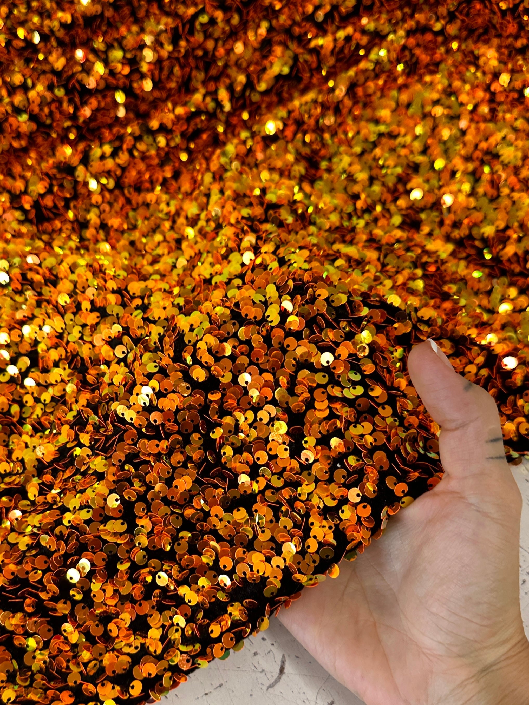 orange sequin fabric, orange iridescent sequin on velvet, orange lace, halloween fabric, sequence fabric, iridescent sequin fabric, sequin velvet