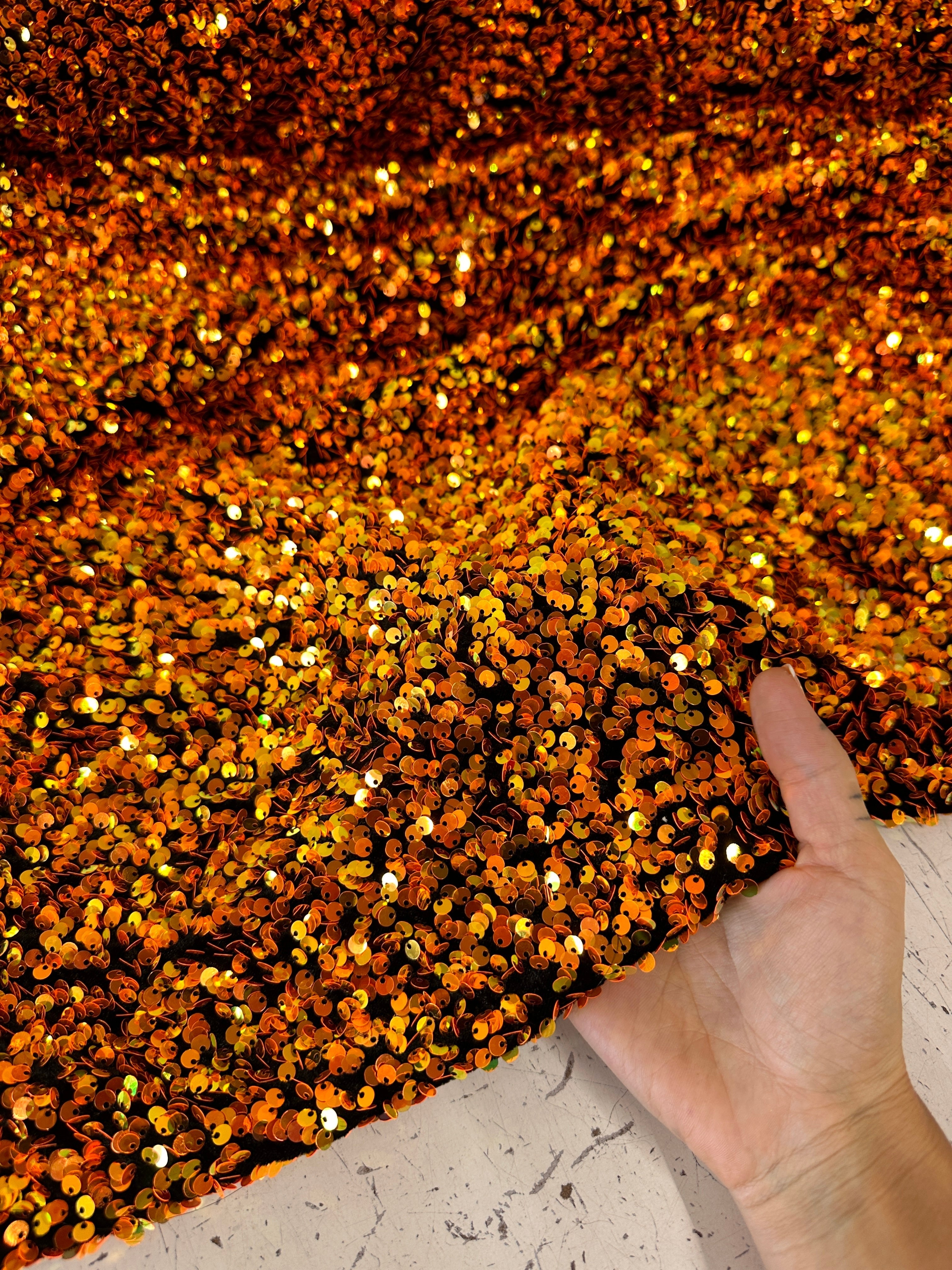 orange sequin fabric, orange iridescent sequin on velvet, orange lace, halloween fabric, sequence fabric, iridescent sequin fabric, sequin velvet