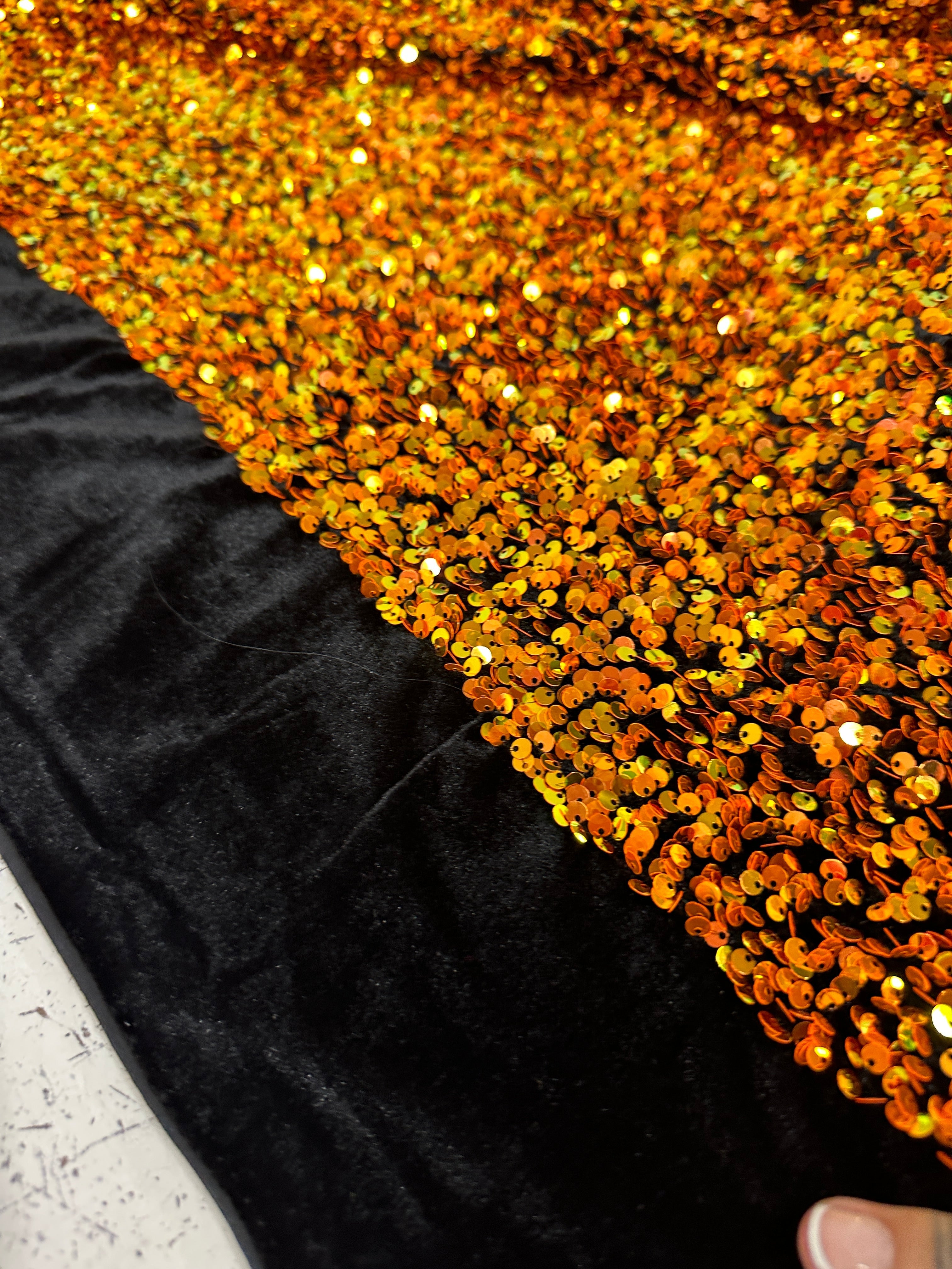 orange sequin fabric, orange iridescent sequin on velvet, orange lace, halloween fabric, sequence fabric, iridescent sequin fabric, sequin velvet