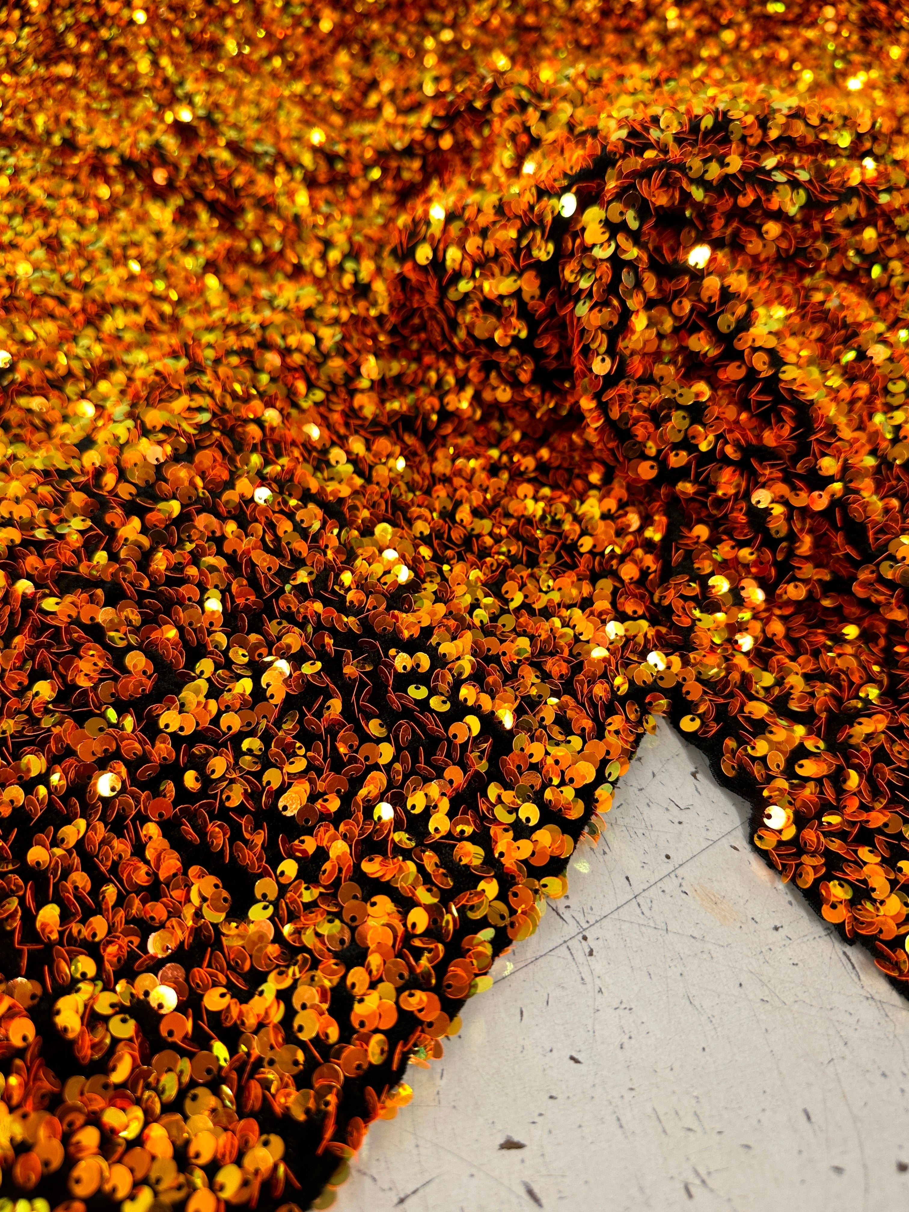orange sequin fabric, orange iridescent sequin on velvet, orange lace, halloween fabric, sequence fabric, iridescent sequin fabric, sequin velvet