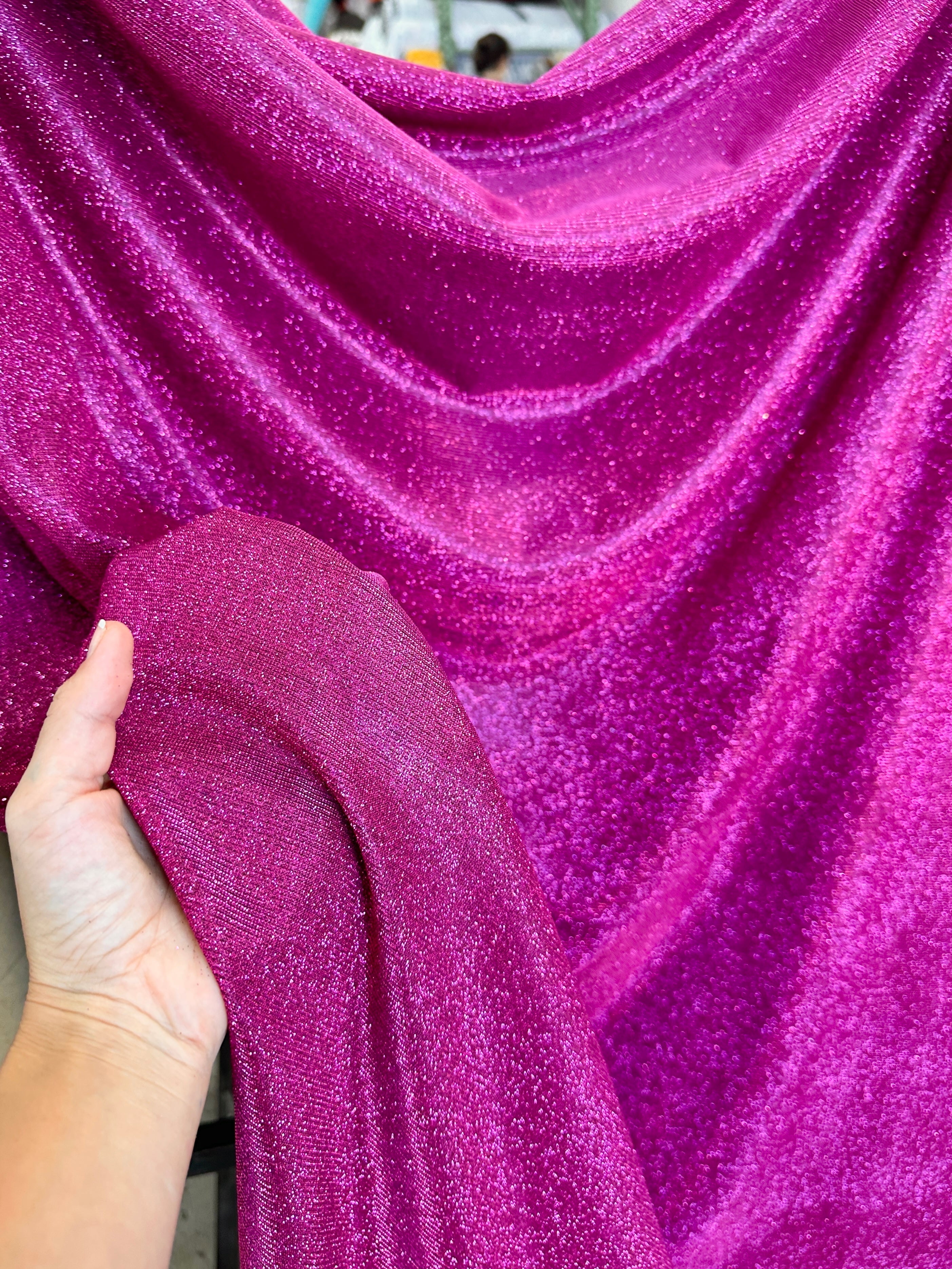 fuchsia glittery fabric, fuchsia glimmery fabric, fuchsia lurex, fuchsia metallic lurex, hot pink lurex, hot pink fabric by the yard, hot pink glimmery fabric, hot pink lurex
