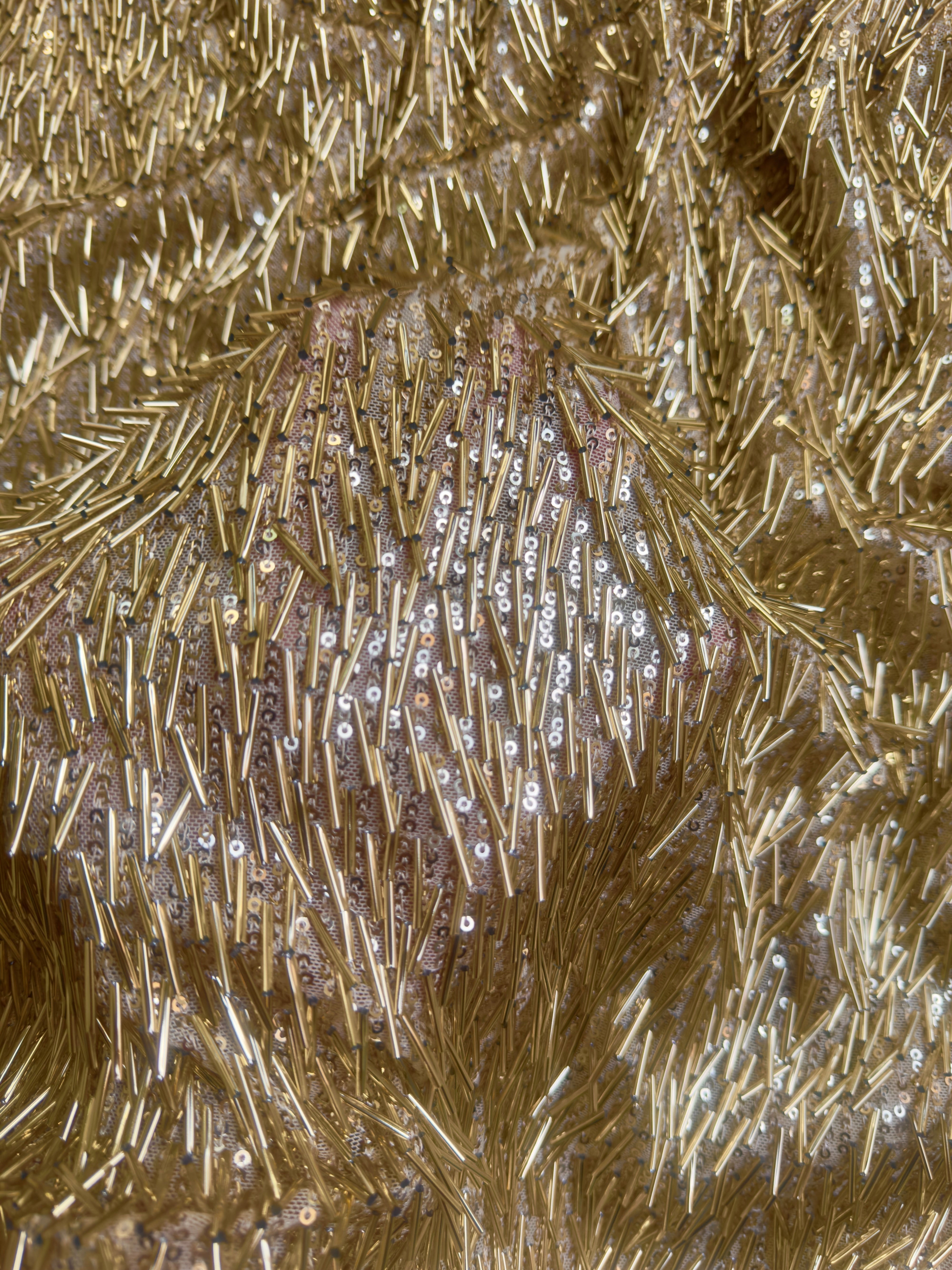 Gold Fringe Sequin on Mesh, Gold Sequin Mesh for woman, Fringe Sequin Mesh for bride, Non-Stretch Mesh on sale, Sequin Mesh on discount, sequin fabric online