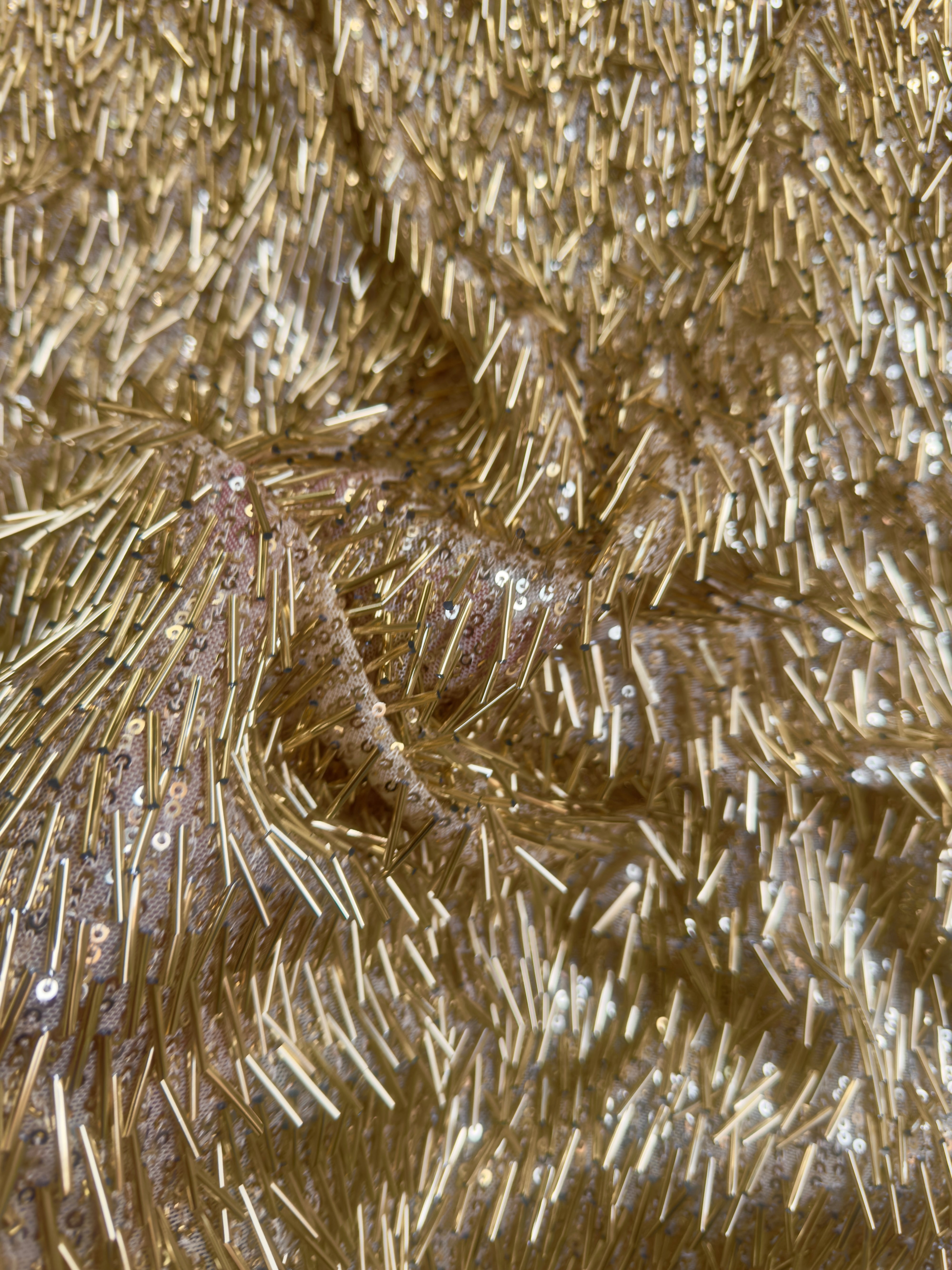Gold Fringe Sequin on Mesh, Gold Sequin Mesh for woman, Fringe Sequin Mesh for bride, Non-Stretch Mesh on sale, Sequin Mesh on discount, sequin fabric online