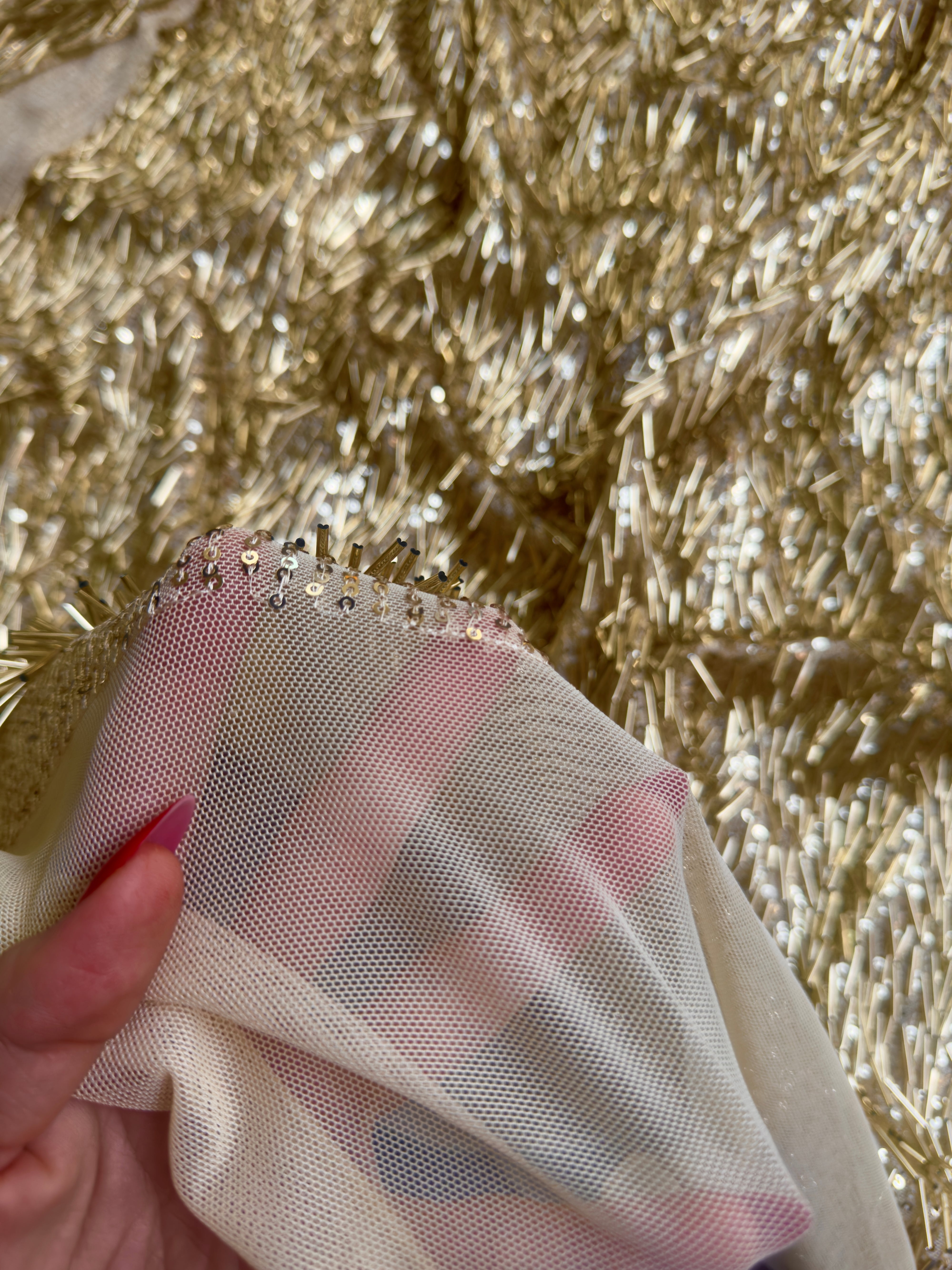 Gold Fringe Sequin on Mesh, Fabric Store, Sewing Store, Cheap Fabric Store, Kiki Textiles, Textile by the Yard