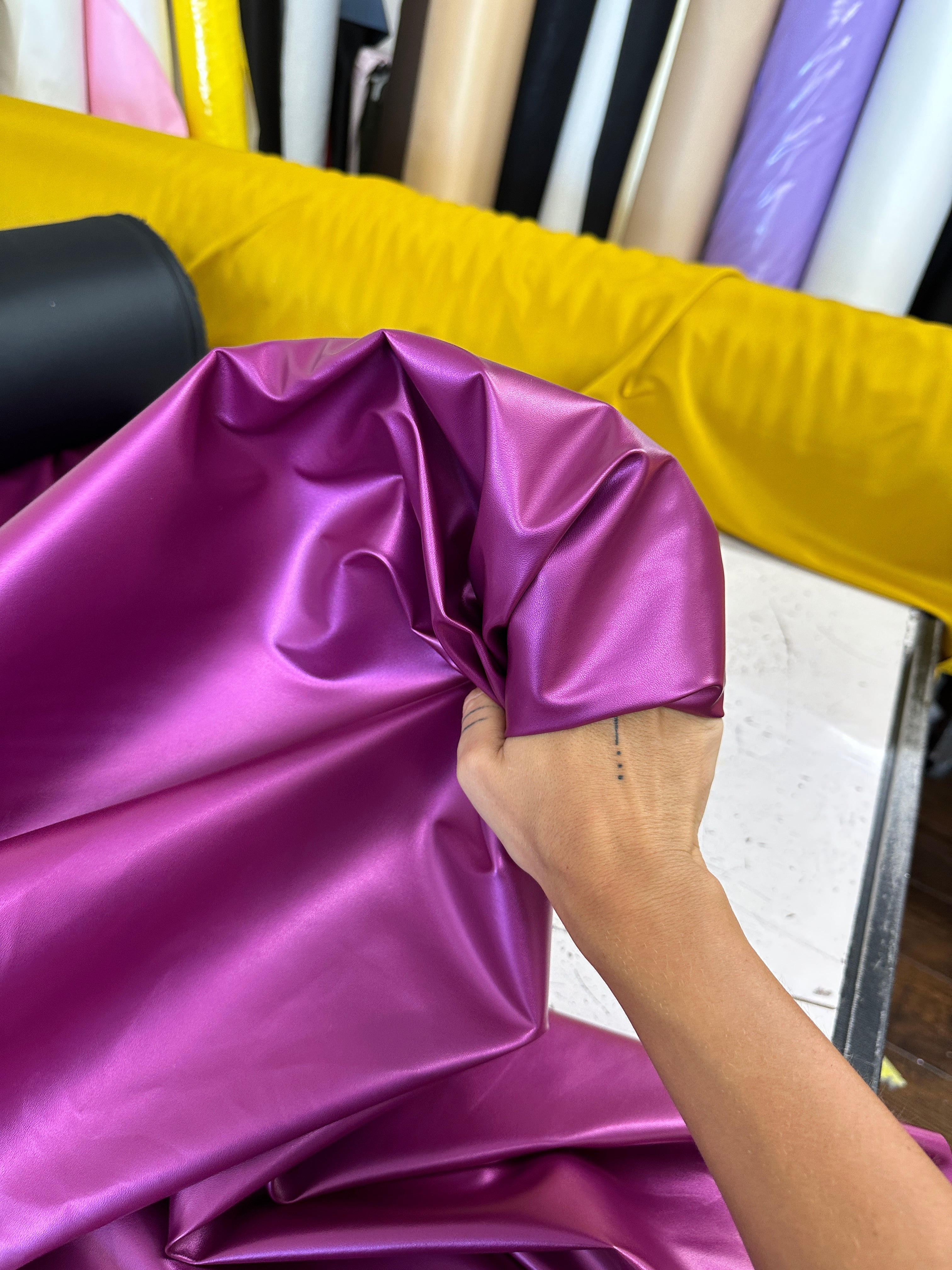 Magenta Metallic Stretch Faux Leather, purple metallic stretch leather, shiny faux leather, mauve faux leather for woman, faux leather for costumes, faux leather for home decor, 2 way stretch faux leather, leather for blazers, cheap leather, discounted leather, leather on sale