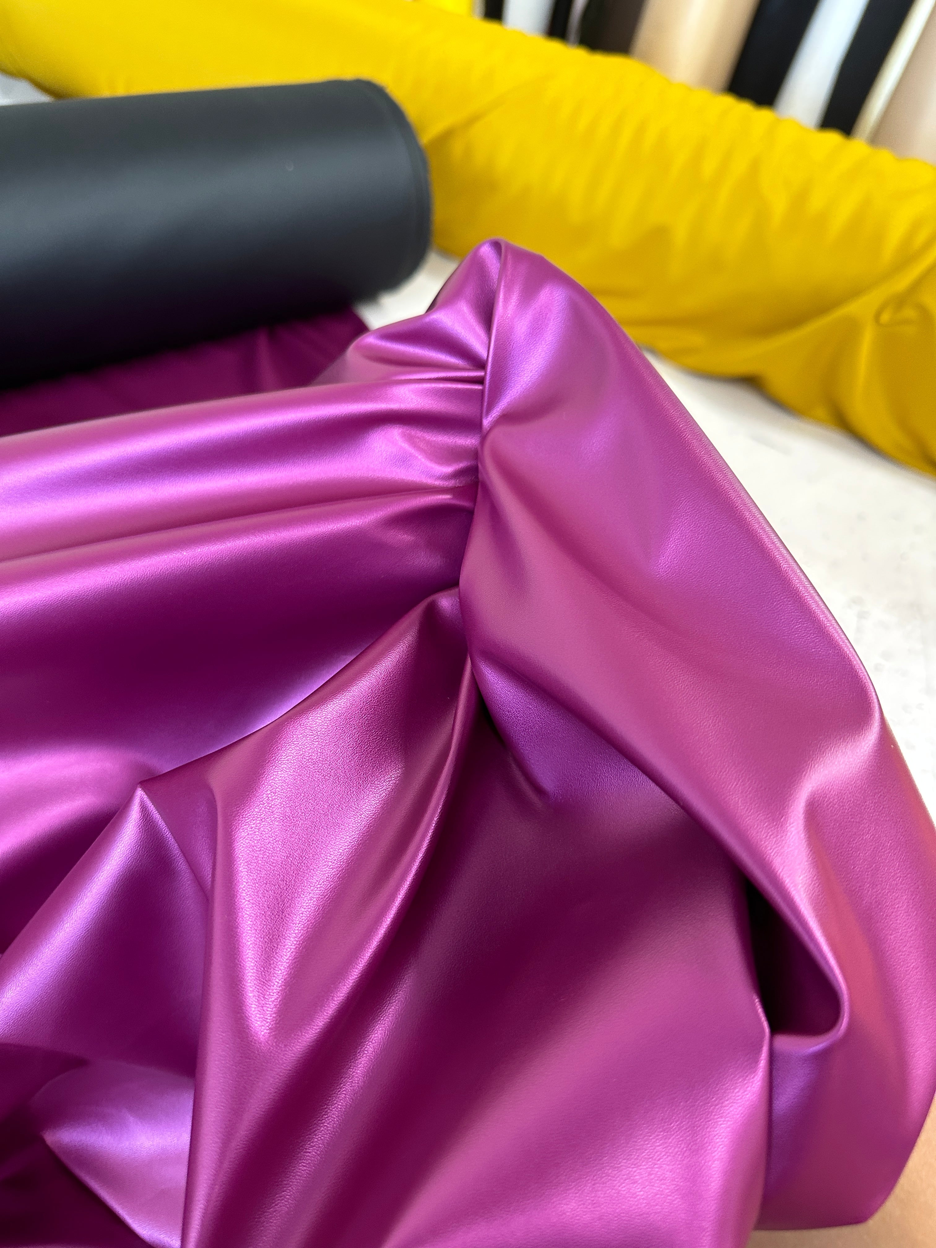 Magenta Metallic Stretch Faux Leather, purple metallic stretch leather, shiny faux leather, mauve faux leather for woman, faux leather for costumes, faux leather for home decor, 2 way stretch faux leather, leather for blazers, cheap leather, discounted leather, leather on sale