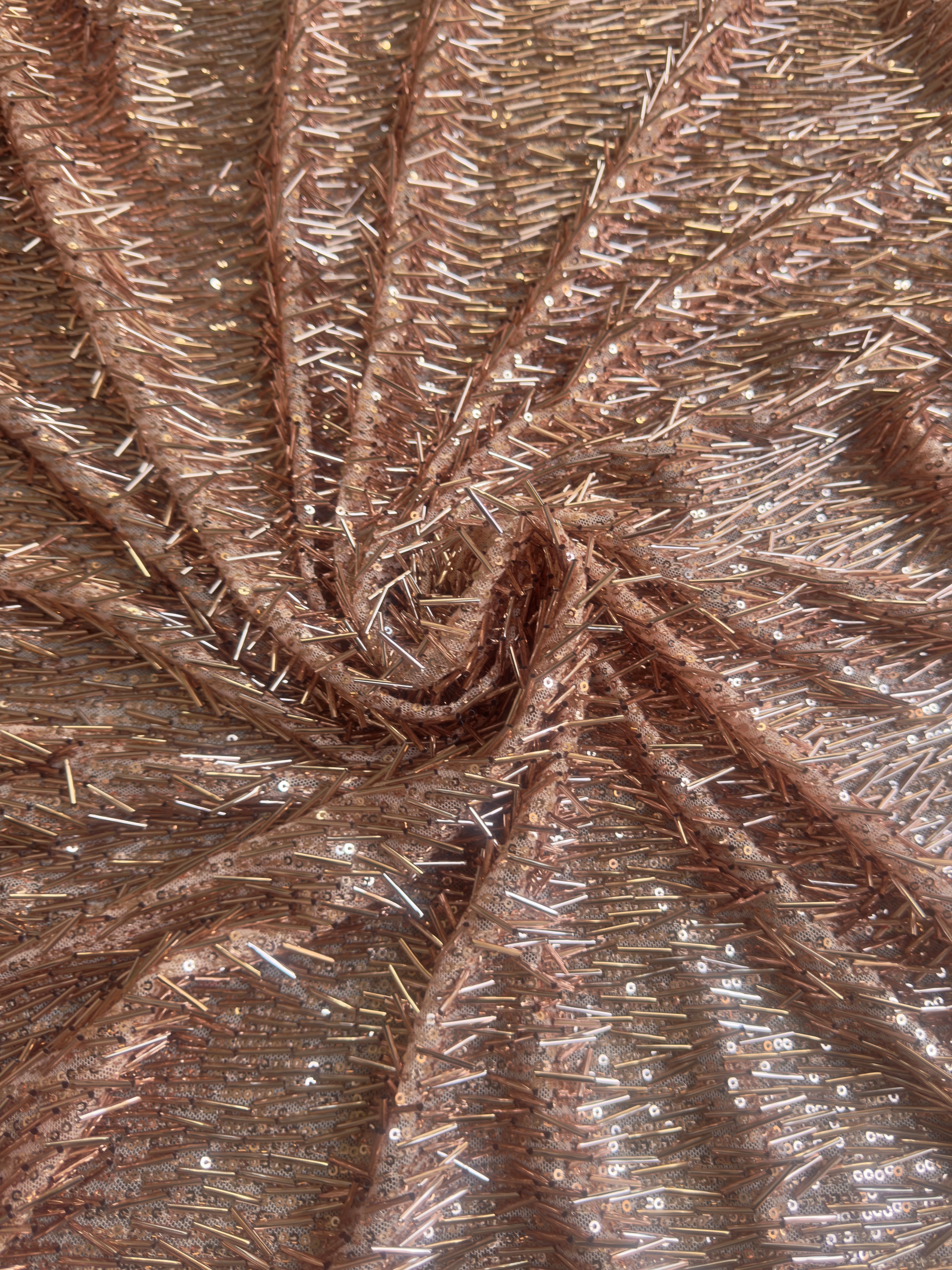 Rose Gold Fringe Sequin on Mesh, Rose Gold Sequin Mesh for woman, Fringe Sequin Mesh for bride, Non-Stretch Mesh on sale, Sequin Mesh on discount, sequin fabric online