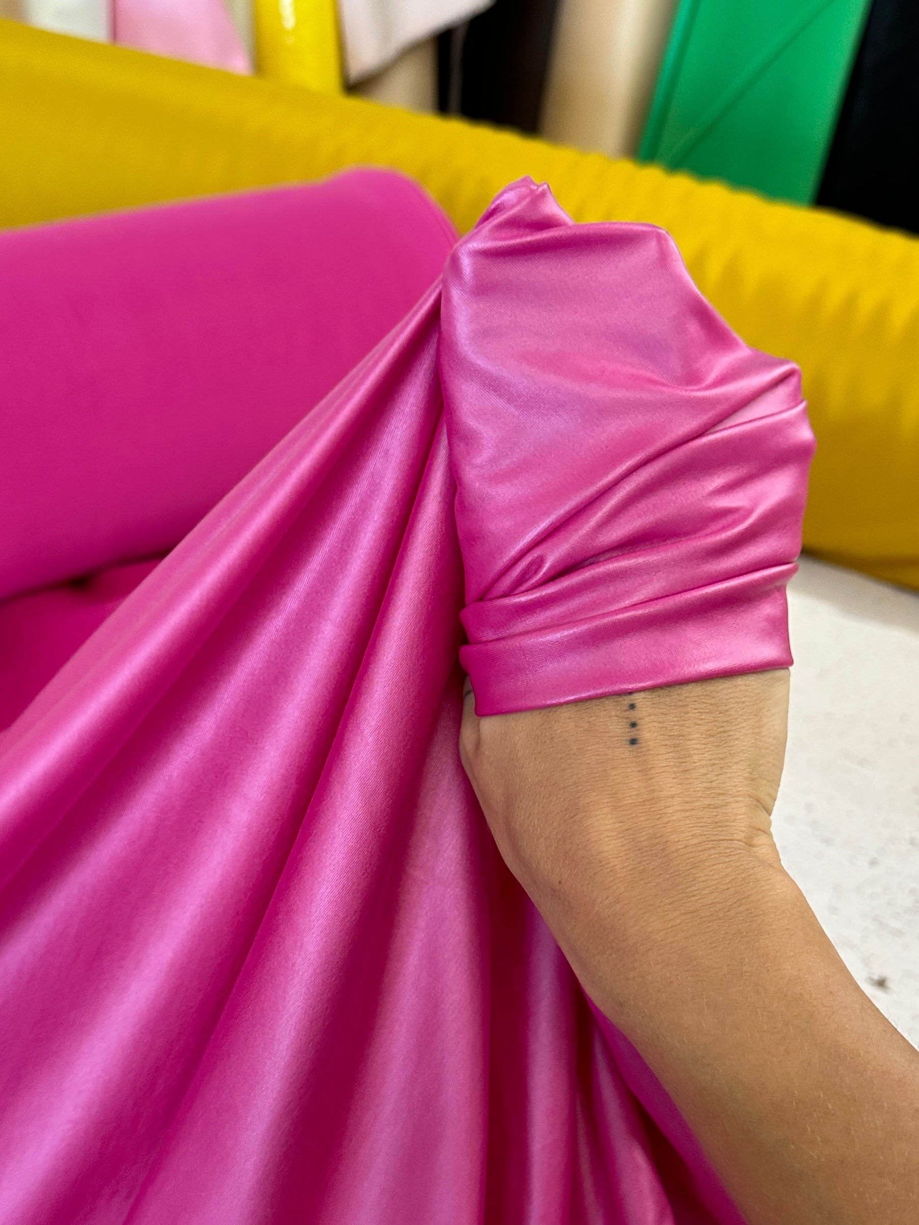 hot pink all way Stretch Faux Leather, pink all way stretch leather, shiny faux leather, light pink all way stretch faux leather for woman, faux leather for costumes, faux leather for home decor, 2 way stretch faux leather, leather for blazers, cheap leather, discounted leather, leather on sale