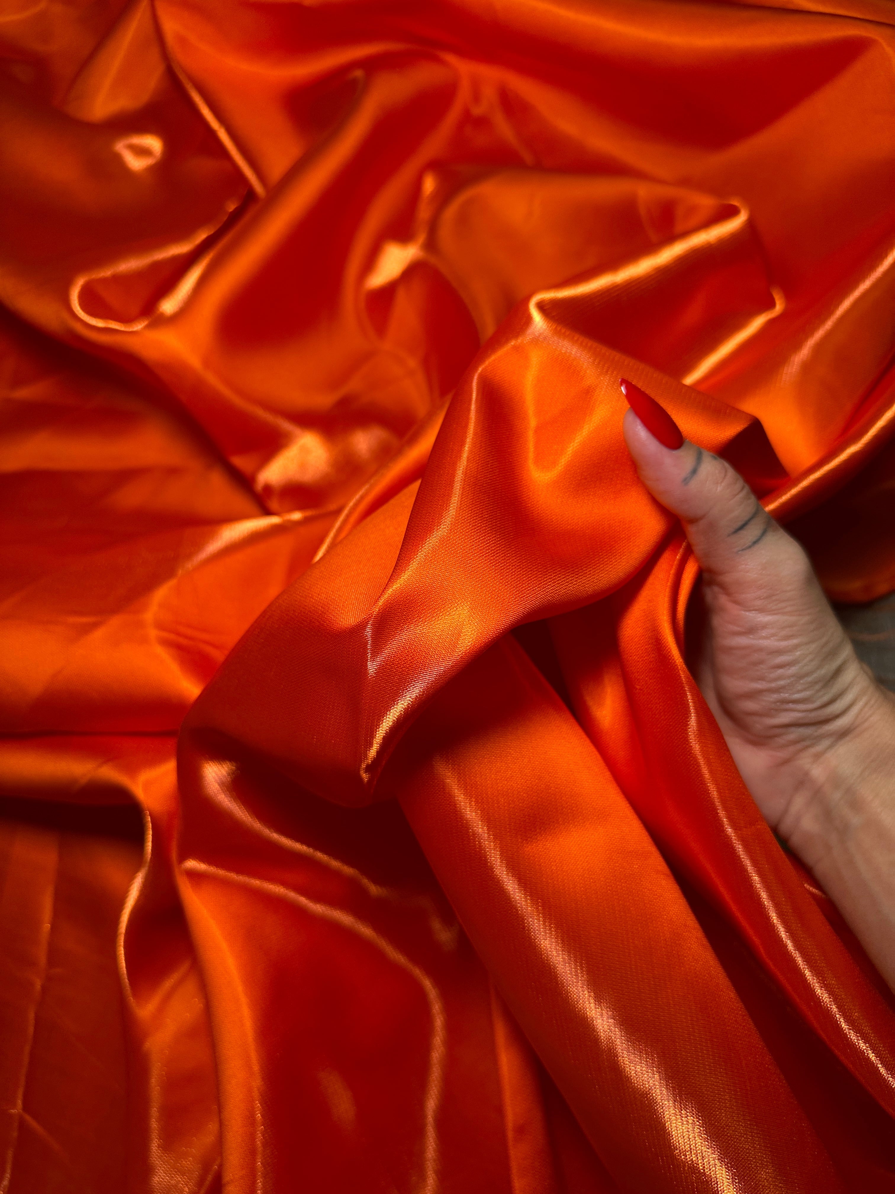 Orange Liquid Bridal Satin, Fabric Store, Sewing Store, Cheap Fabric Store, Kiki Textiles, Textile by the Yard