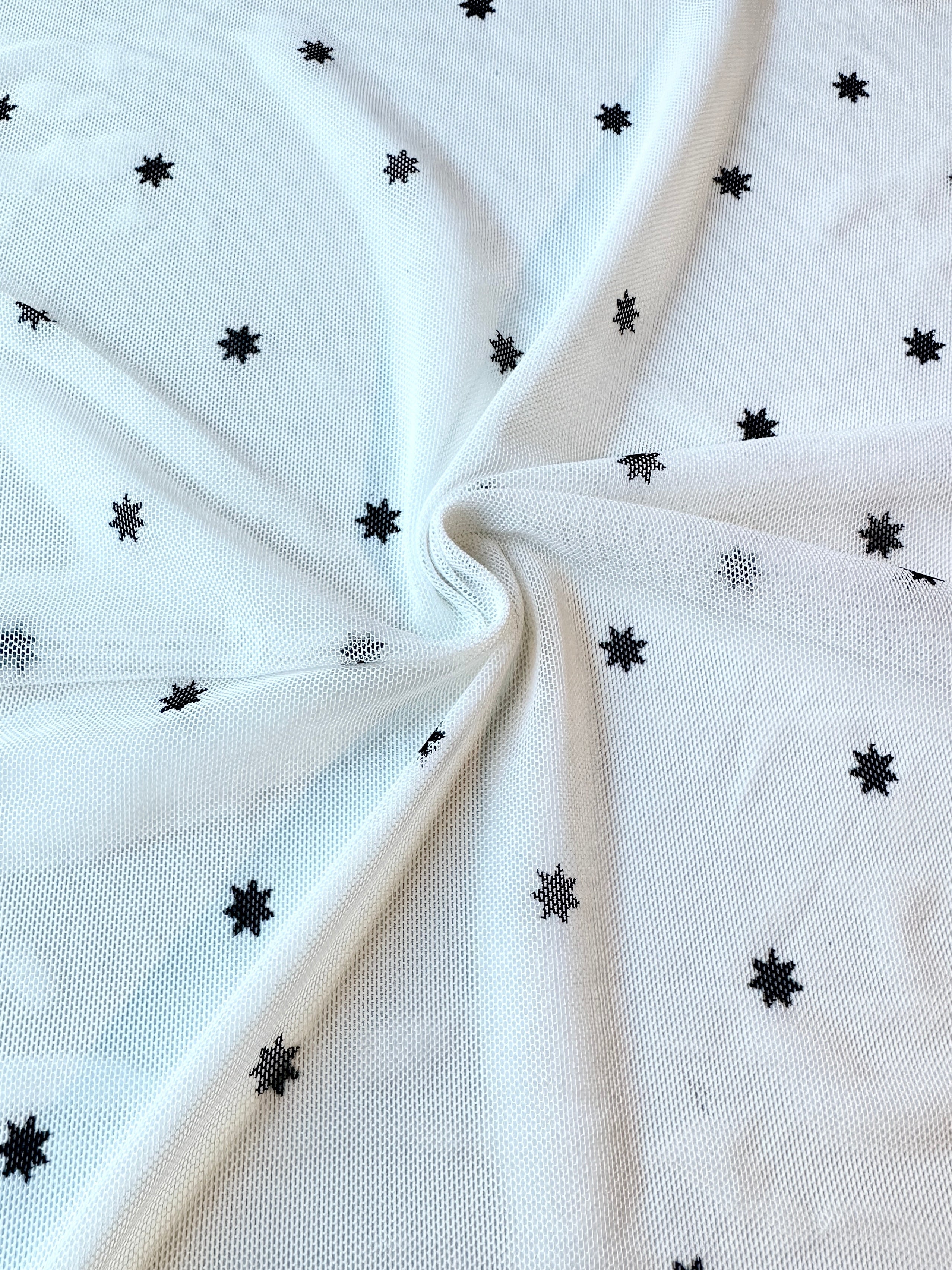 White Black Star Power Mesh, Star Power Mesh Fabric, White Black 4-way Stretch Power Mesh By yard, Star Print Stretchy Mesh Nylon/Spandex 4 way stretch, power mesh for woman, power mesh for party wear, mesh on sale, mesh on discount