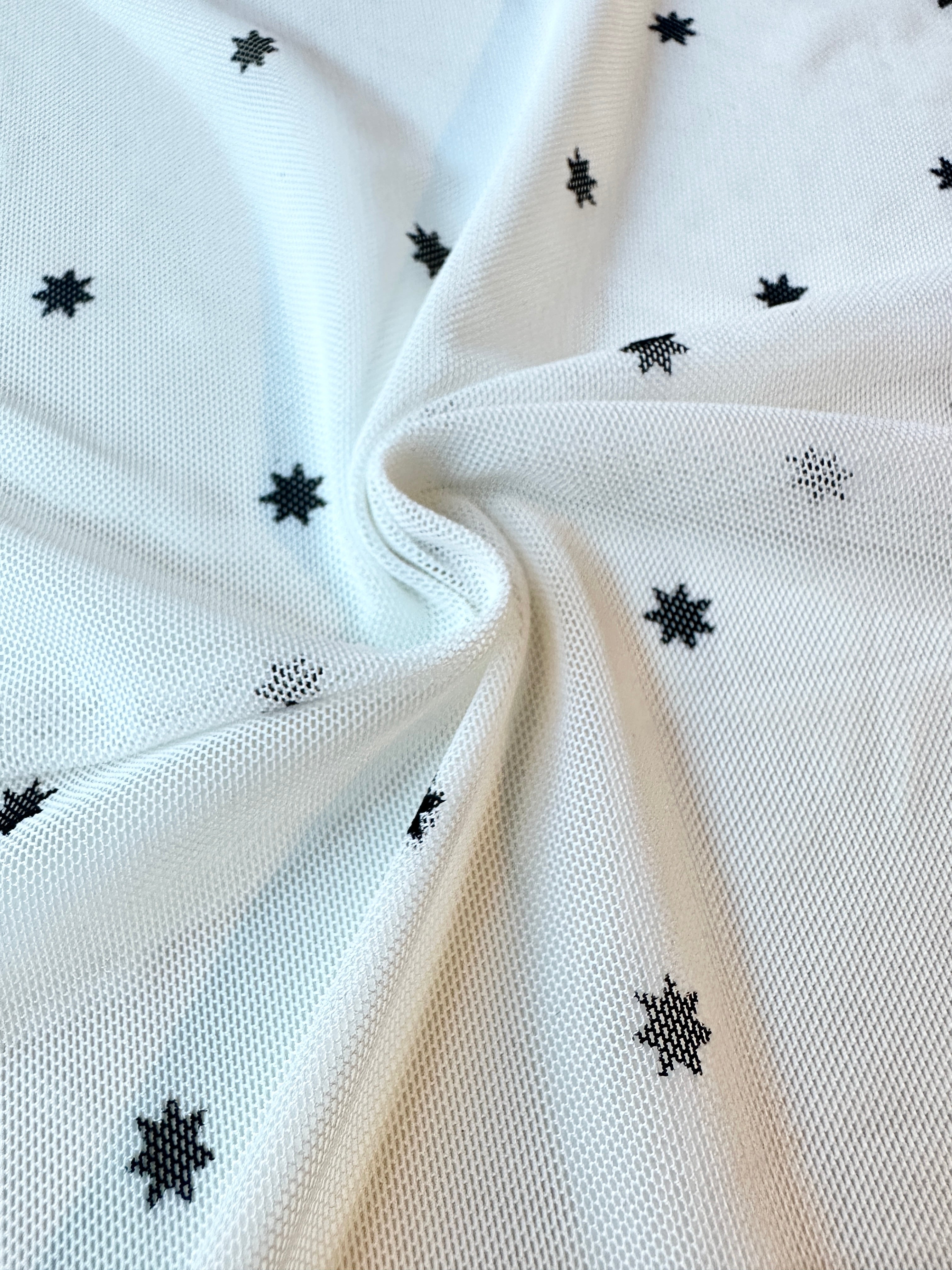 White Black Star Power Mesh, Star Power Mesh Fabric, White Black 4-way Stretch Power Mesh By yard, Star Print Stretchy Mesh Nylon/Spandex 4 way stretch, power mesh for woman, power mesh for party wear, mesh on sale, mesh on discount