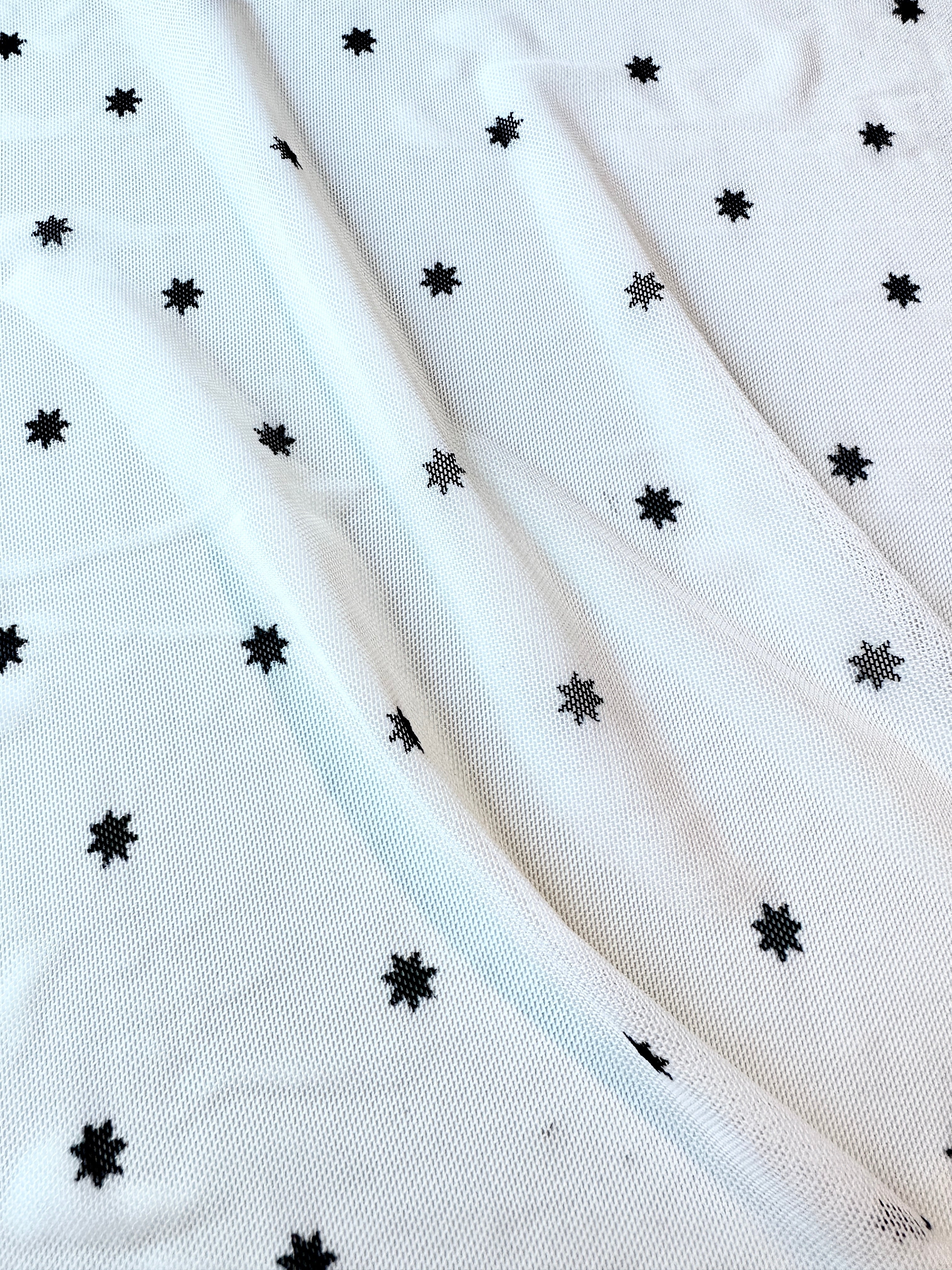 White Black Star Power Mesh, Star Power Mesh Fabric, White Black 4-way Stretch Power Mesh By yard, Star Print Stretchy Mesh Nylon/Spandex 4 way stretch, power mesh for woman, power mesh for party wear, mesh on sale, mesh on discount