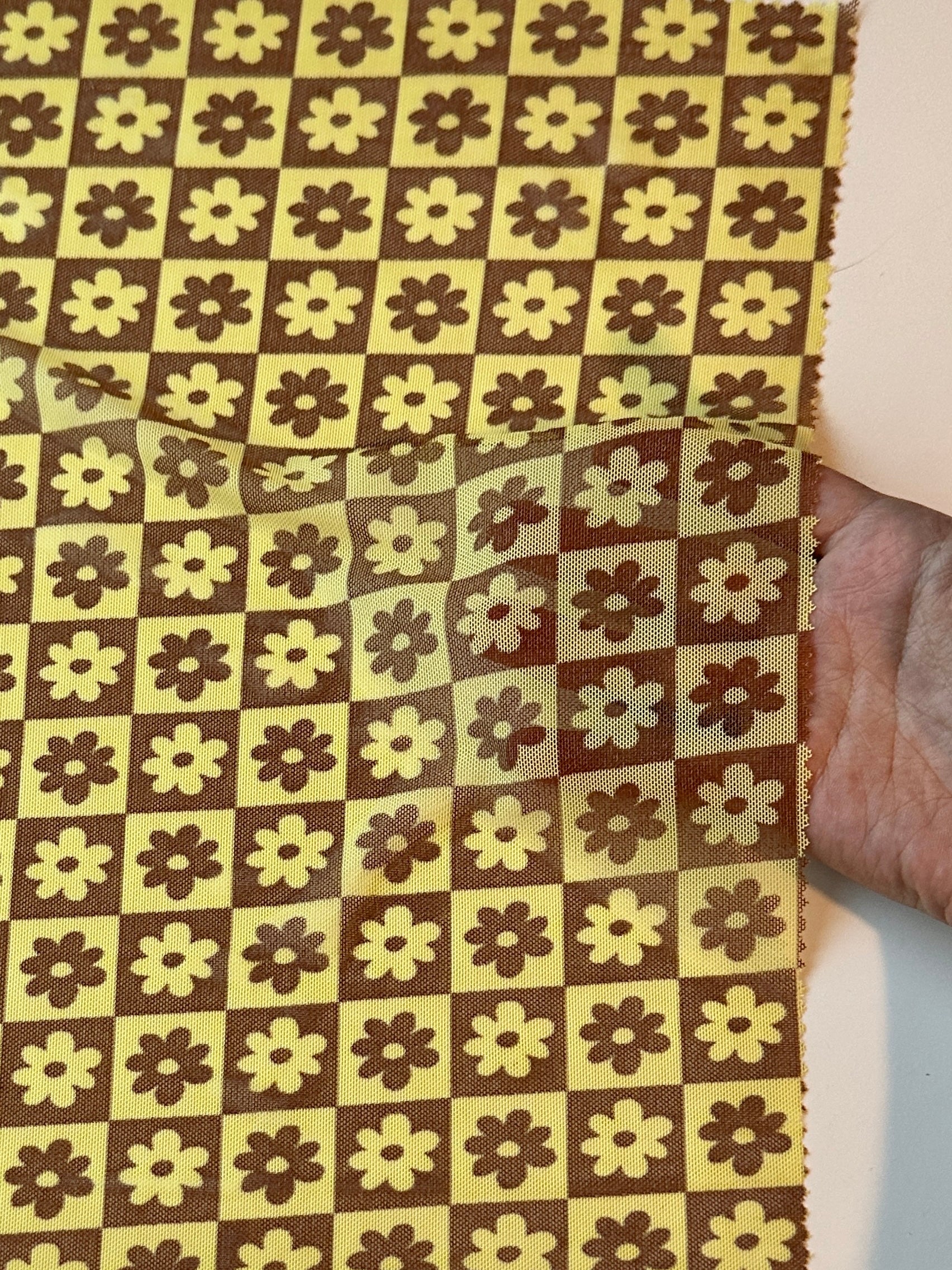 Yellow Floral Checkered Power Mesh, Floral Power Mesh Fabric, 4-way Stretch Power Mesh By yard, Floral checkered Print Stretchy Mesh Nylon/Spandex 4 way stretch, power mesh for woman, power mesh for party wear, mesh on sale, mesh on discount