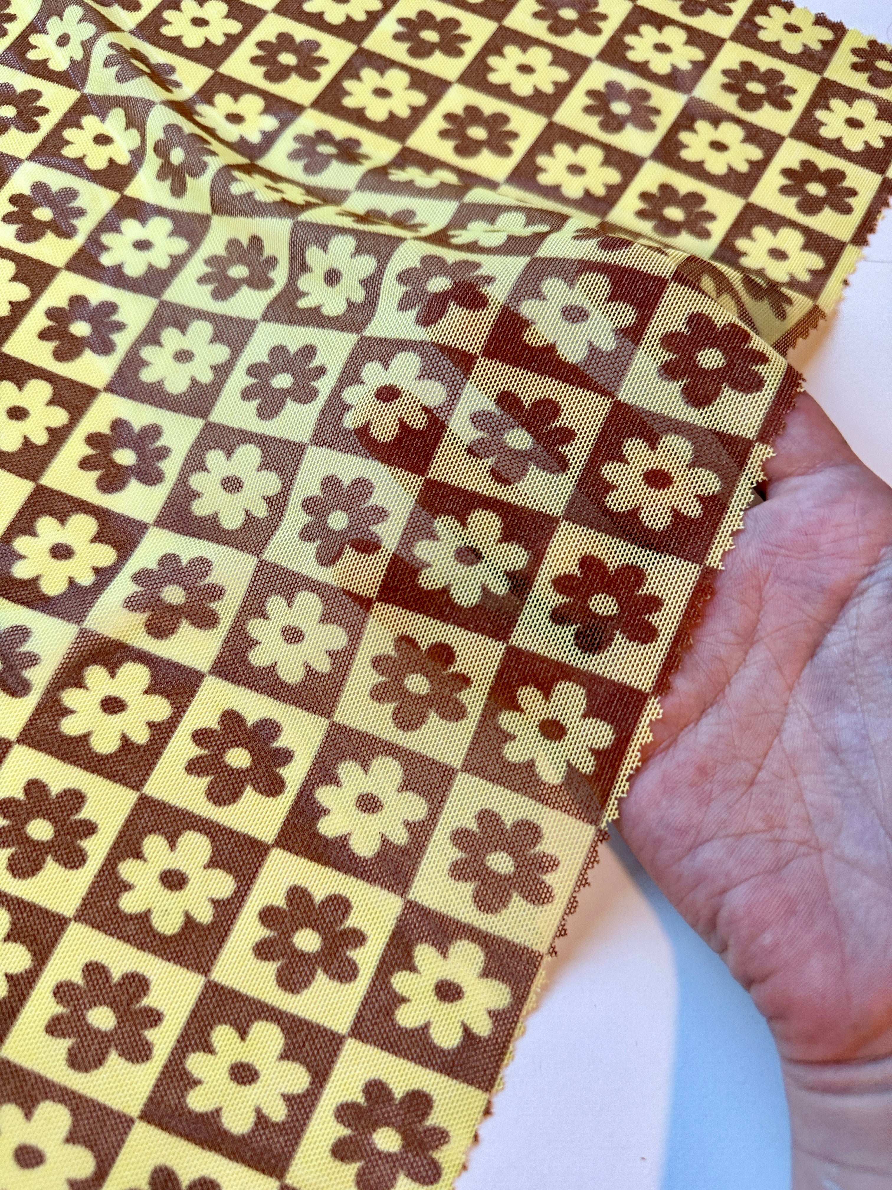 Yellow Floral Checkered Power Mesh, Floral Power Mesh Fabric, 4-way Stretch Power Mesh By yard, Floral checkered Print Stretchy Mesh Nylon/Spandex 4 way stretch, power mesh for woman, power mesh for party wear, mesh on sale, mesh on discount