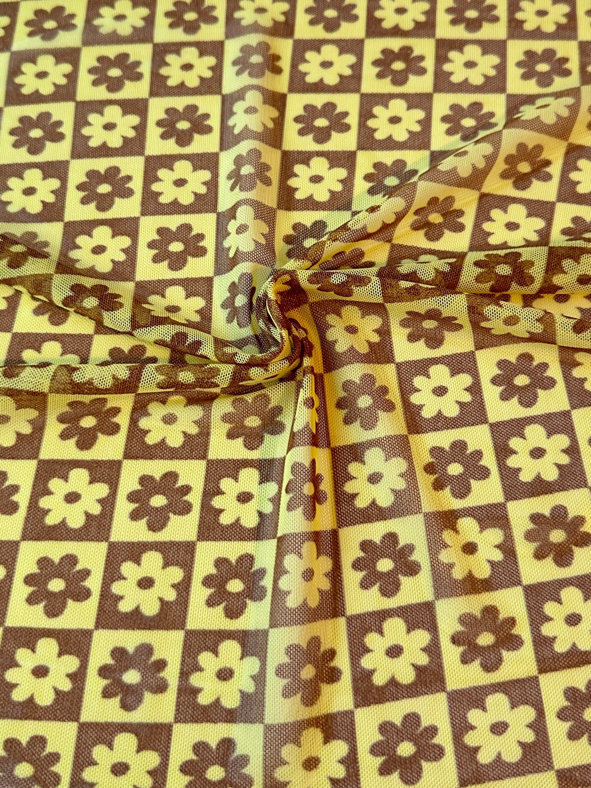 Yellow Floral Checkered Power Mesh, Floral Power Mesh Fabric, 4-way Stretch Power Mesh By yard, Floral checkered Print Stretchy Mesh Nylon/Spandex 4 way stretch, power mesh for woman, power mesh for party wear, mesh on sale, mesh on discount