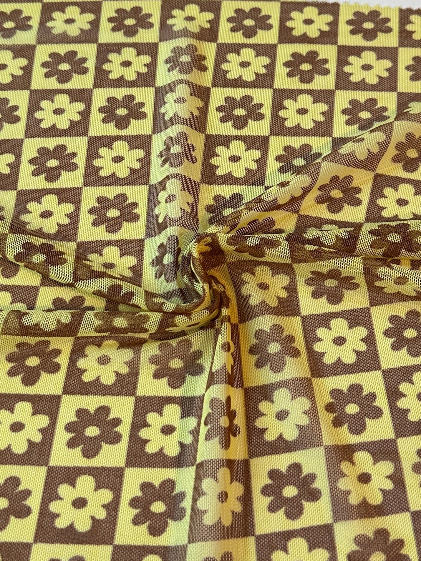 Yellow Floral Checkered Power Mesh, Floral Power Mesh Fabric, 4-way Stretch Power Mesh By yard, Floral checkered Print Stretchy Mesh Nylon/Spandex 4 way stretch, power mesh for woman, power mesh for party wear, mesh on sale, mesh on discount