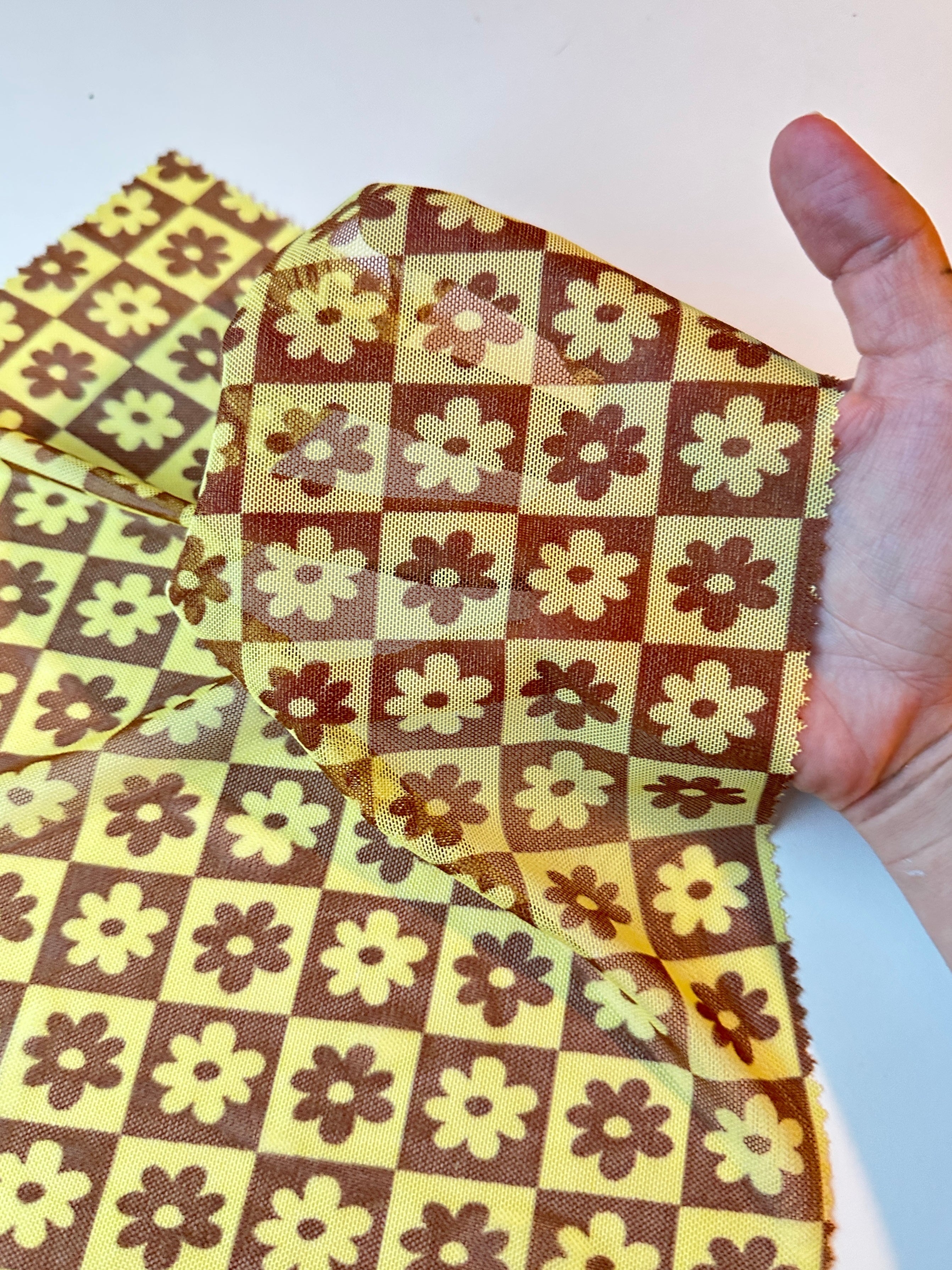 Yellow Floral Checkered Power Mesh, Floral Power Mesh Fabric, 4-way Stretch Power Mesh By yard, Floral checkered Print Stretchy Mesh Nylon/Spandex 4 way stretch, power mesh for woman, power mesh for party wear, mesh on sale, mesh on discount
