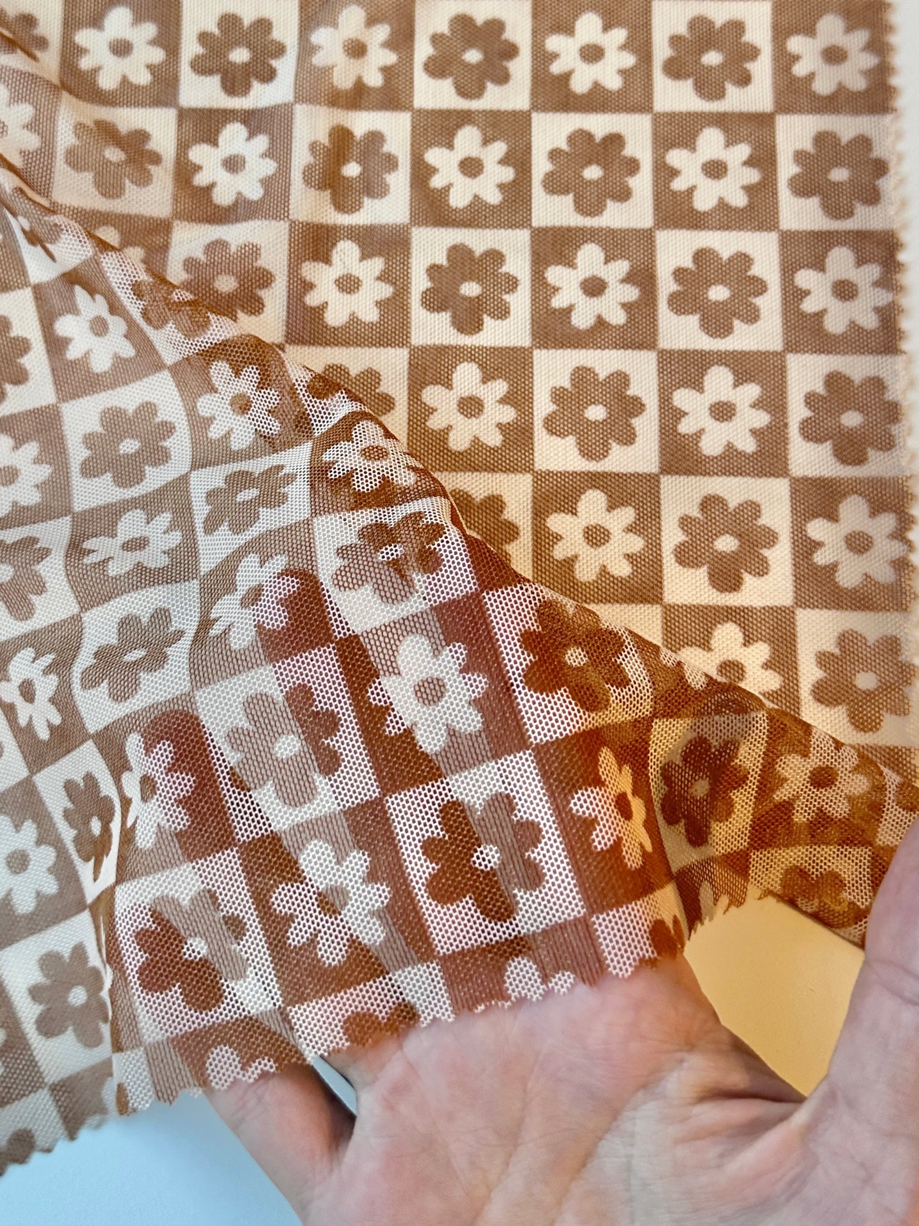 bown cream checkered Power Mesh, bown cream checkered Power Mesh Fabric, 4-way Stretch Power Mesh By yard, bown cream checkered Stretchy Mesh Nylon/Spandex 4 way stretch, power mesh for woman, power mesh for party wear, mesh on sale, mesh on discount