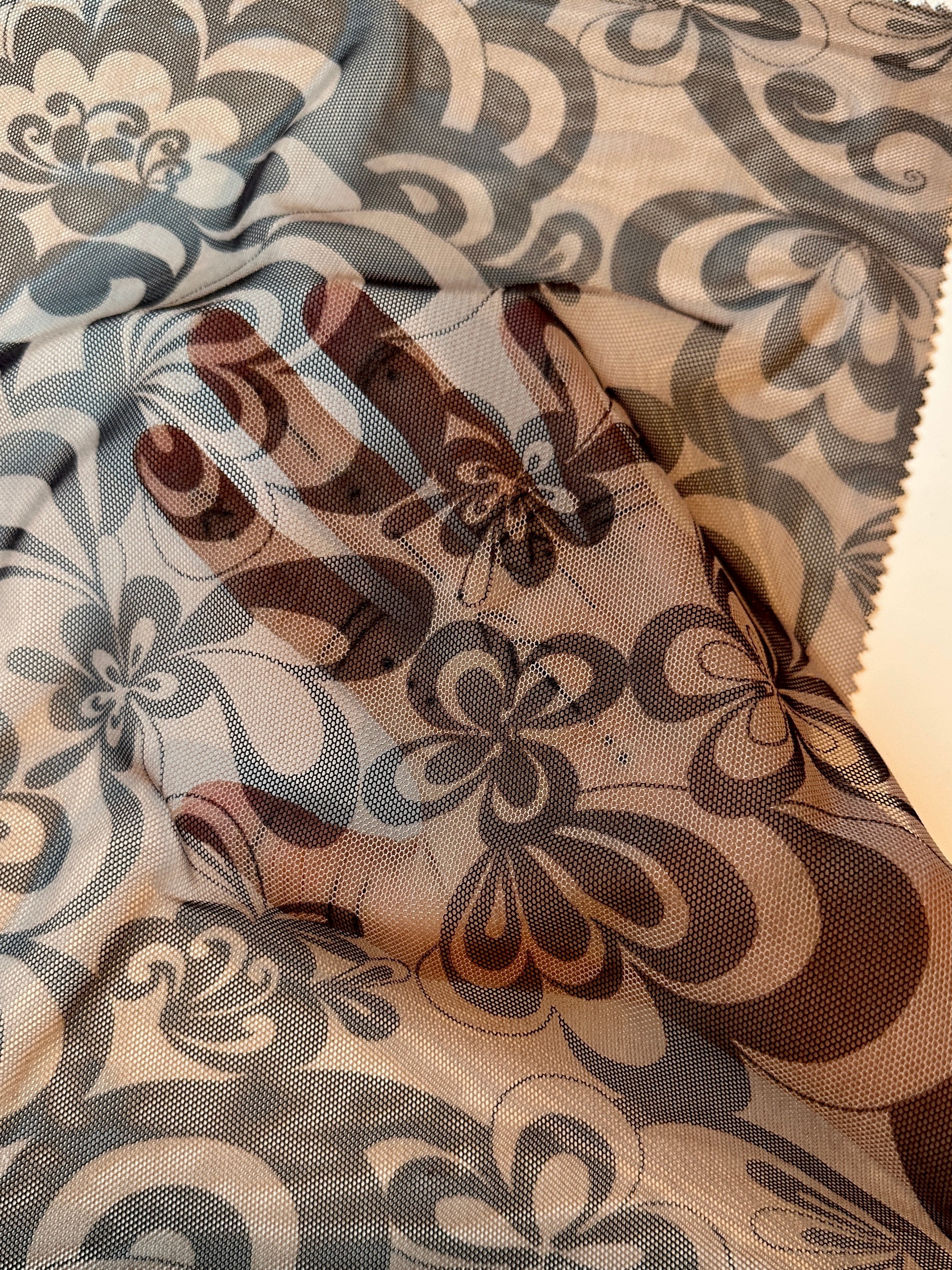 tattoo print Power Mesh, tattoo print Power Mesh Fabric, 4-way Stretch Power Mesh By yard, multicolor Stretchy Mesh Nylon/Spandex 4 way stretch, power mesh for woman, power mesh for party wear, mesh on sale, mesh on discount